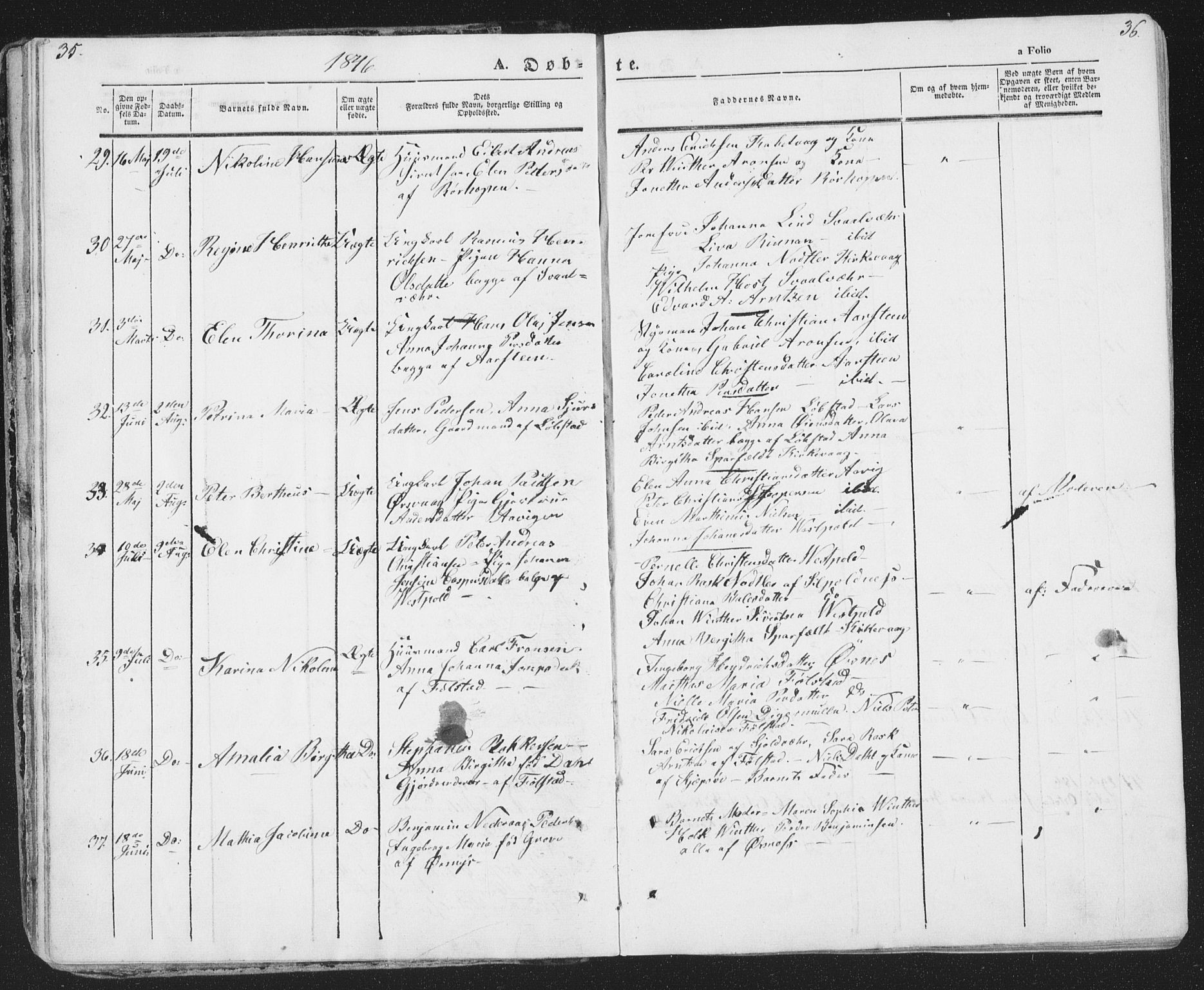 Ministerialprotokoller, klokkerbøker og fødselsregistre - Nordland, AV/SAT-A-1459/874/L1072: Klokkerbok nr. 874C01, 1843-1859, s. 35-36