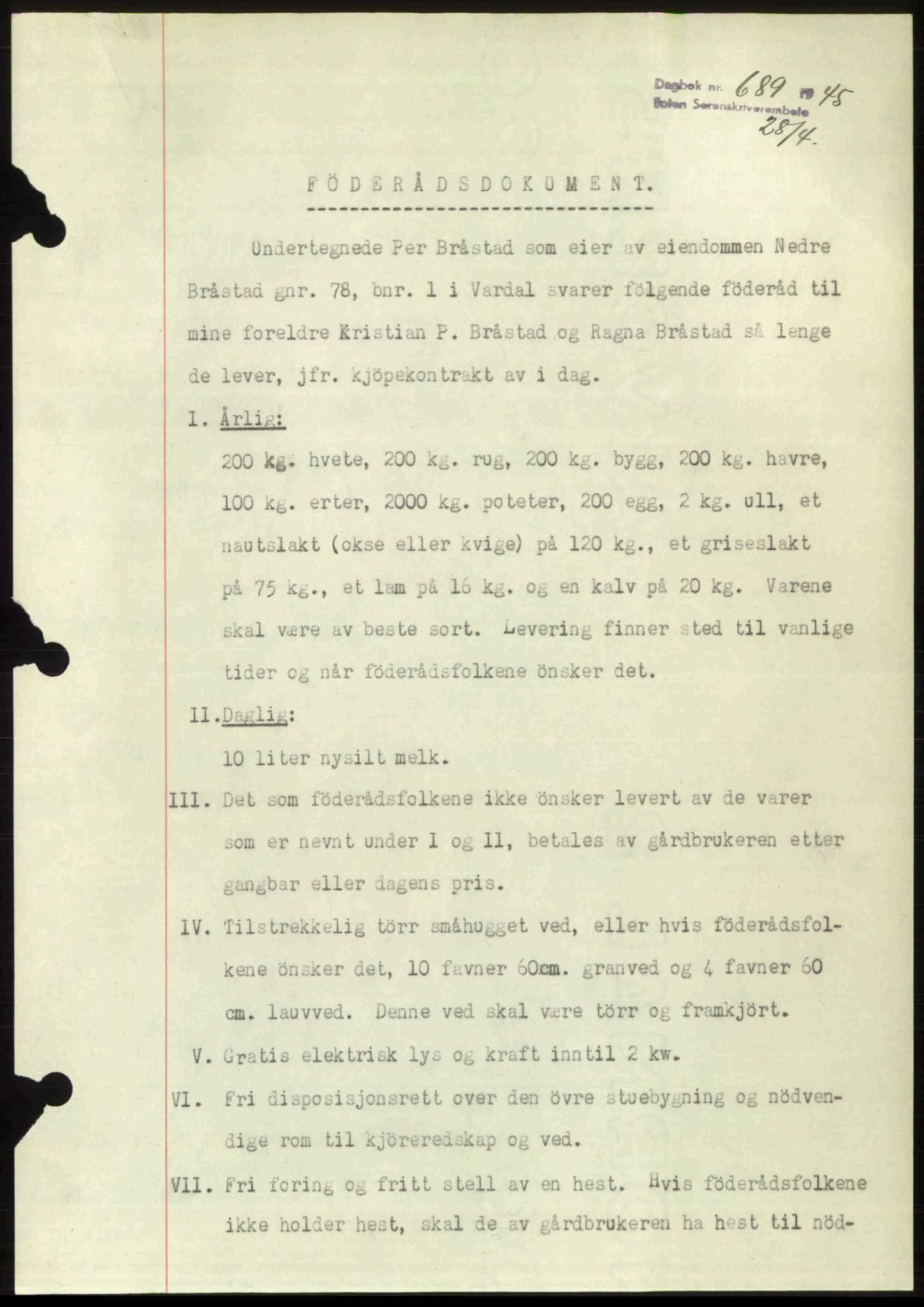 Toten tingrett, SAH/TING-006/H/Hb/Hbc/L0013: Pantebok nr. Hbc-13, 1945-1945, Dagboknr: 689/1945