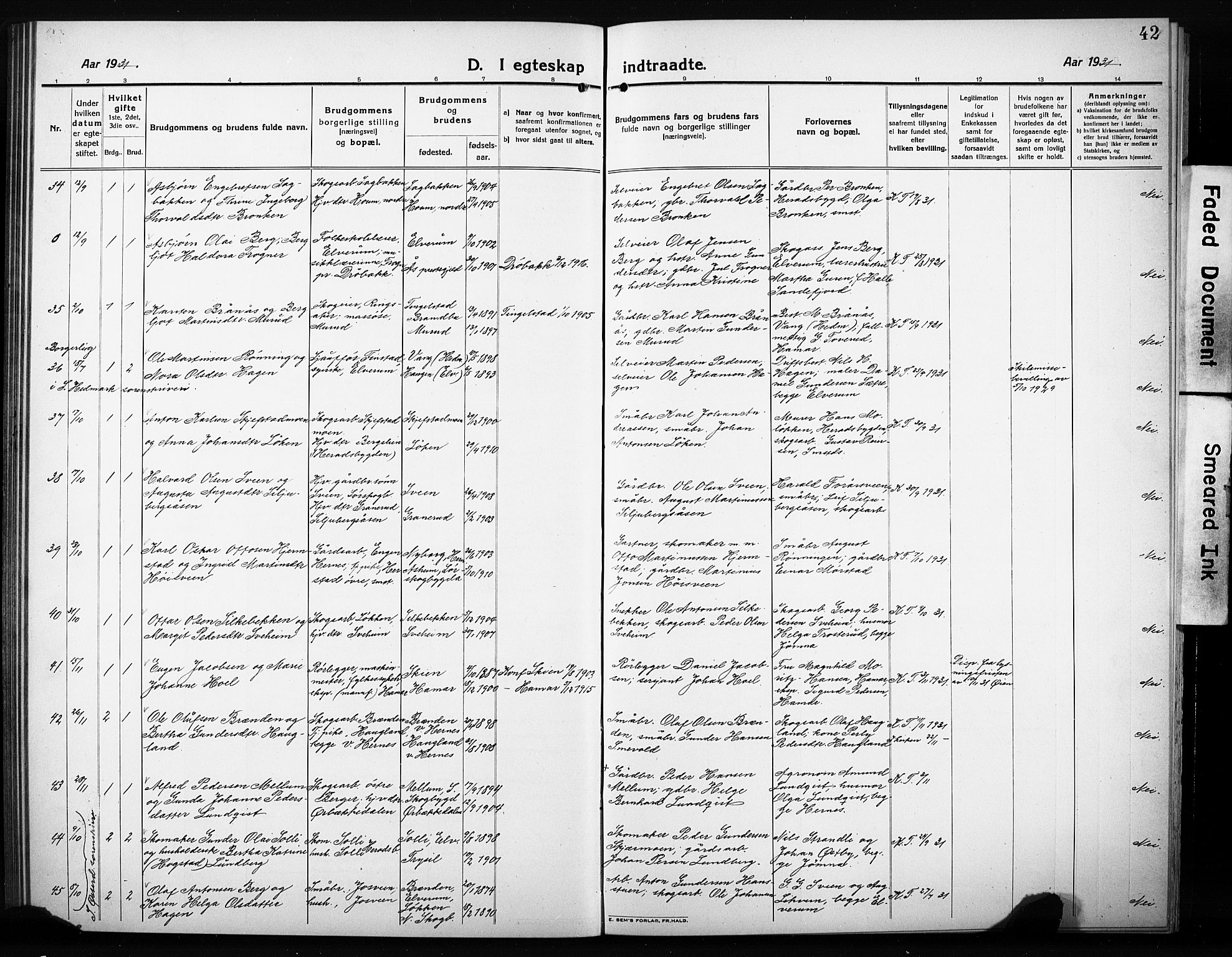 Elverum prestekontor, SAH/PREST-044/H/Ha/Hab/L0014: Klokkerbok nr. 14, 1922-1933, s. 42