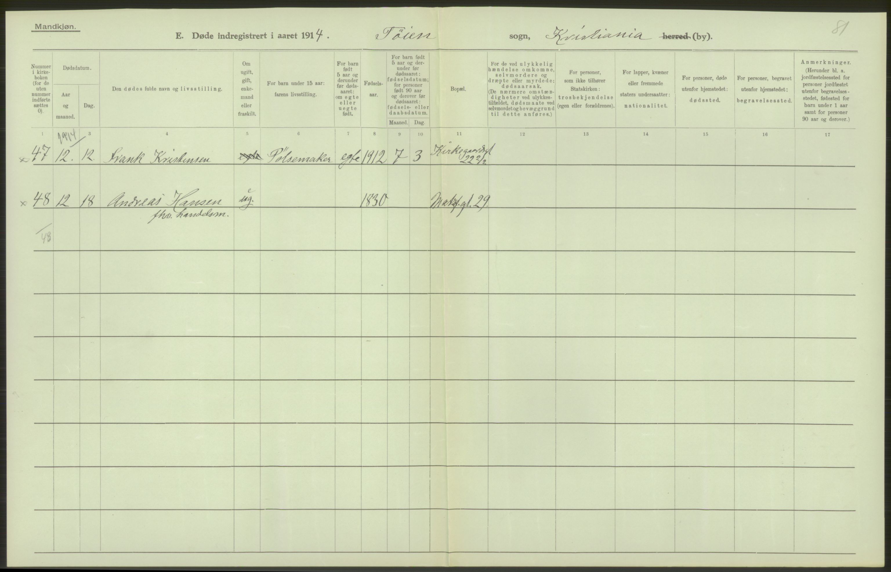 Statistisk sentralbyrå, Sosiodemografiske emner, Befolkning, AV/RA-S-2228/D/Df/Dfb/Dfbd/L0008: Kristiania: Døde, 1914, s. 68