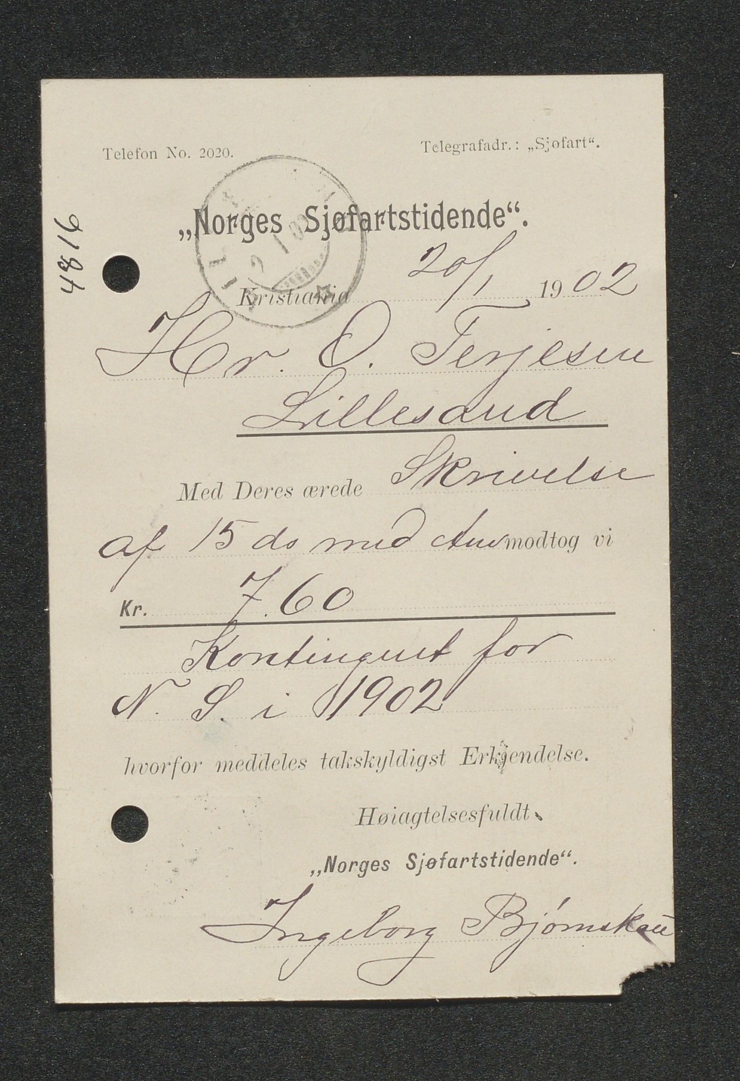 O. Terjesens rederi, AAKS/PA-2525/E/E01/L0010: Korrespondanse, 1901