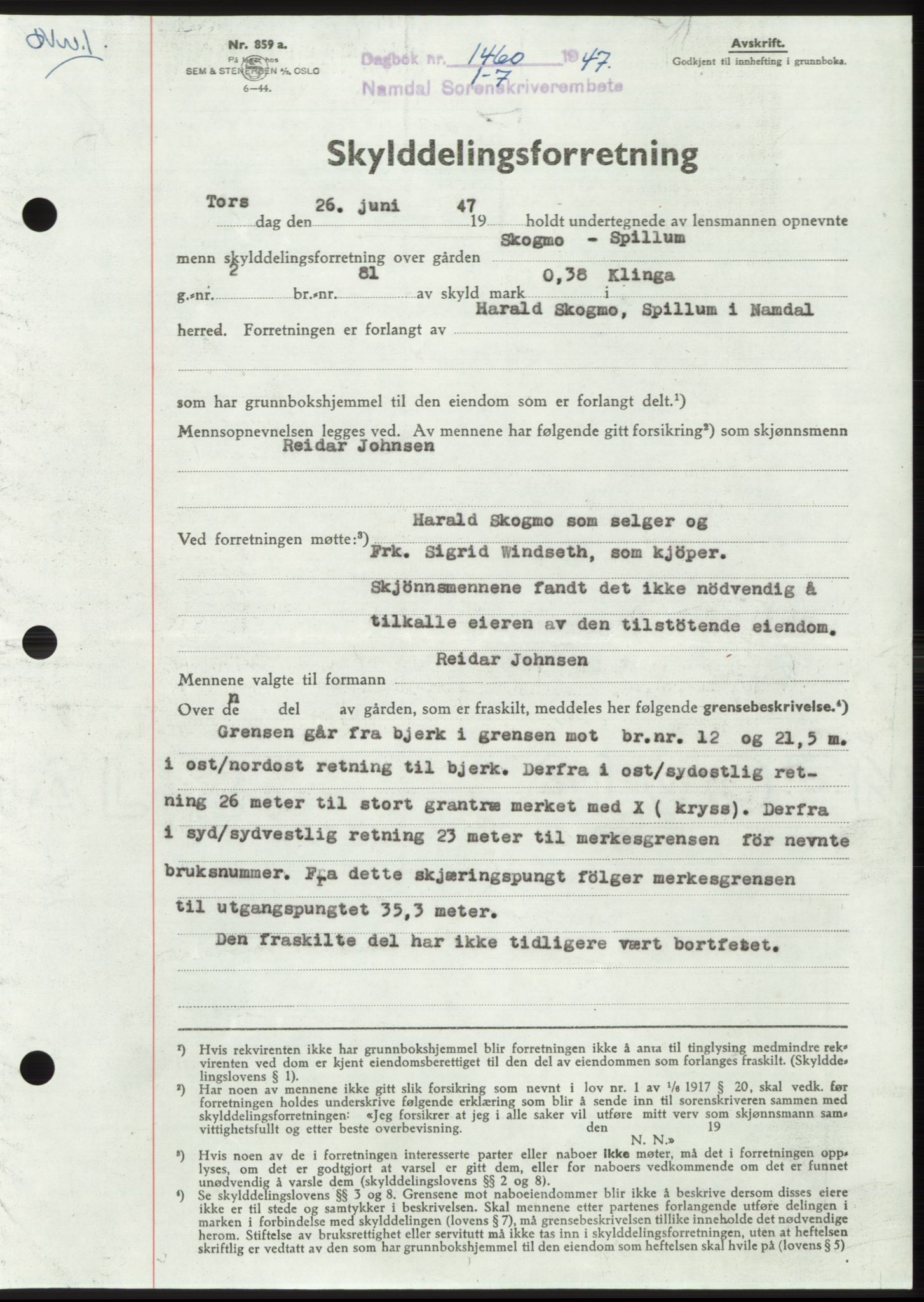 Namdal sorenskriveri, SAT/A-4133/1/2/2C: Pantebok nr. -, 1947-1947, Dagboknr: 1460/1947
