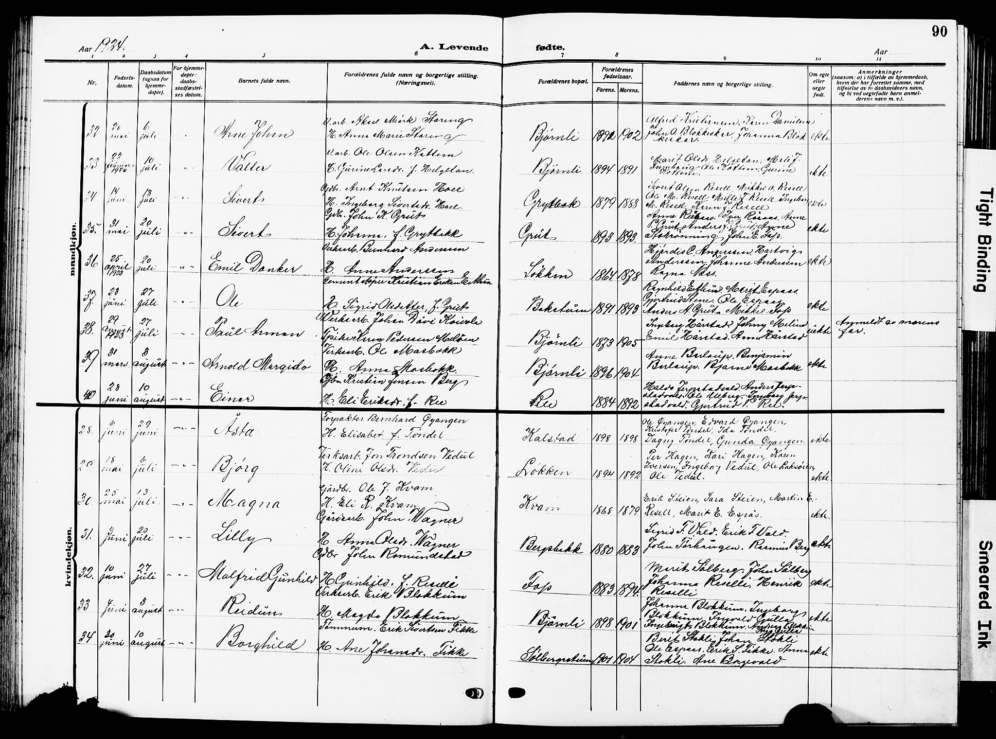 Ministerialprotokoller, klokkerbøker og fødselsregistre - Sør-Trøndelag, AV/SAT-A-1456/672/L0865: Klokkerbok nr. 672C04, 1914-1928, s. 90
