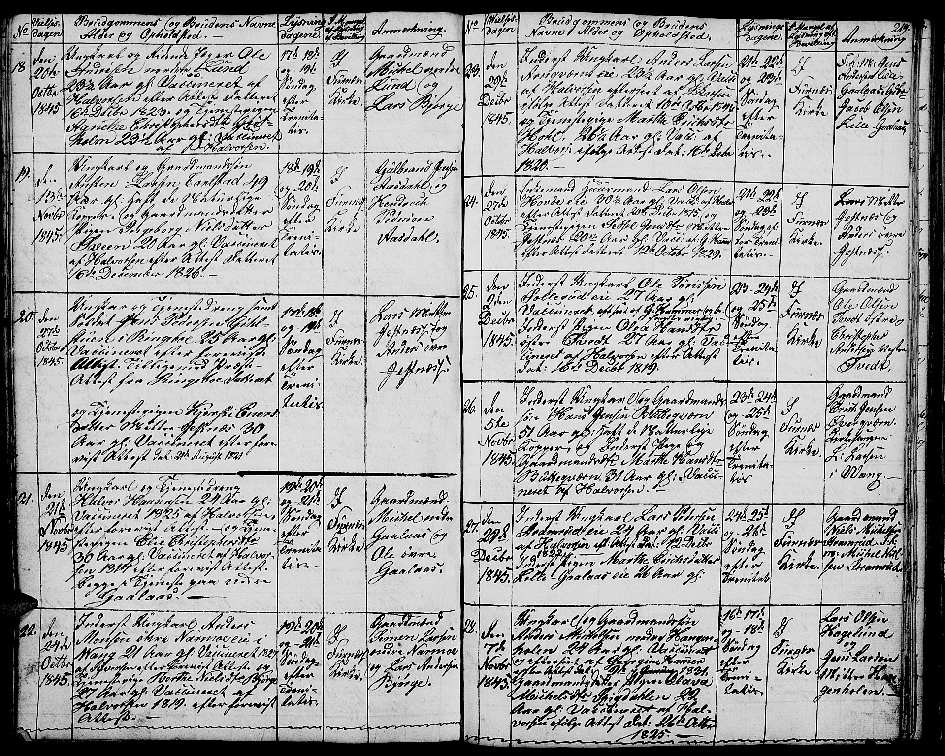 Vang prestekontor, Hedmark, AV/SAH-PREST-008/H/Ha/Hab/L0009: Klokkerbok nr. 9, 1836-1870, s. 219