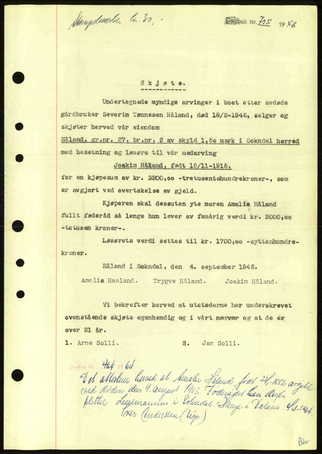 Dalane sorenskriveri, SAST/A-100309/02/G/Gb/L0051: Pantebok nr. A11, 1947-1948, Dagboknr: 705/1948