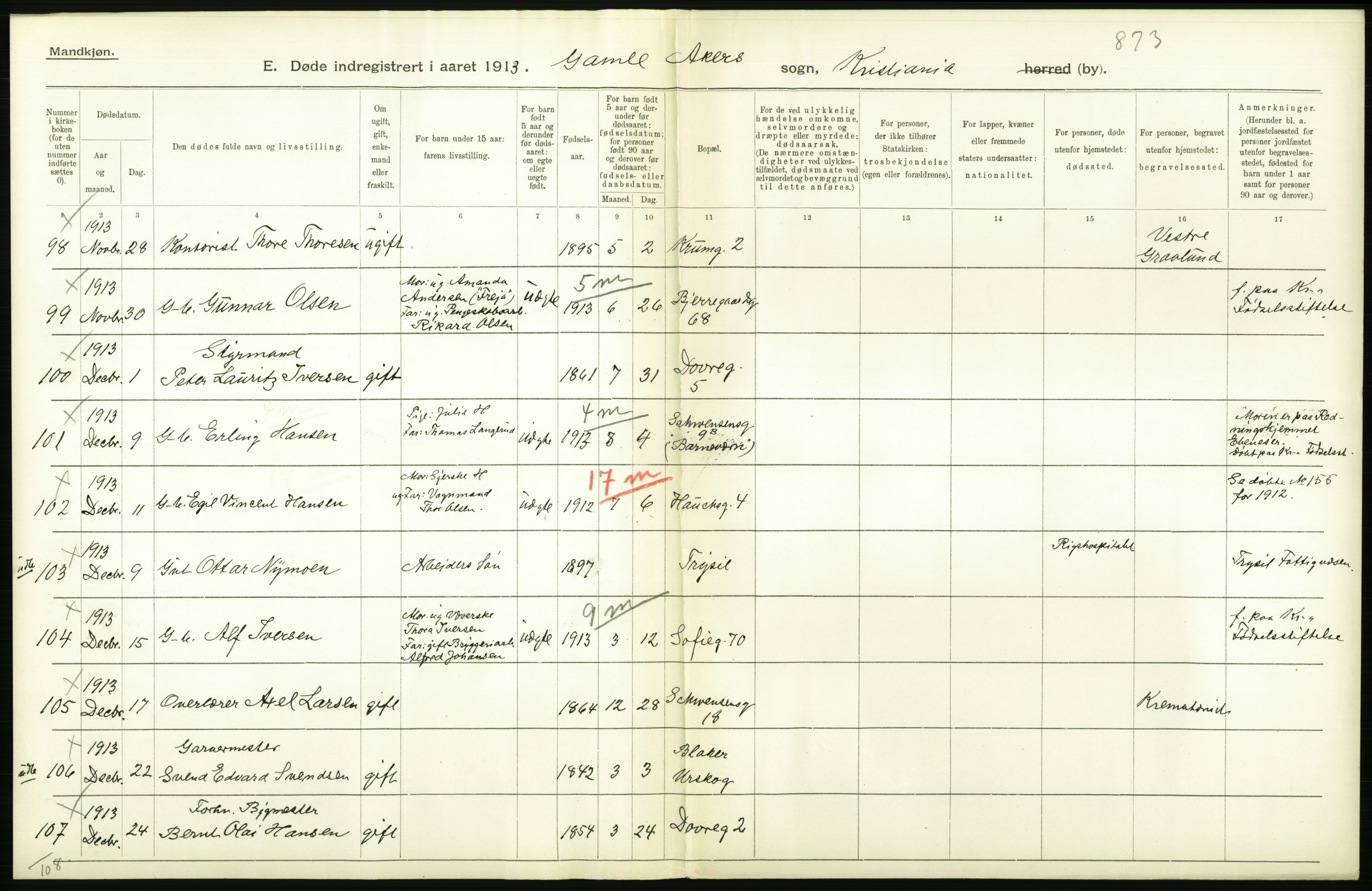 Statistisk sentralbyrå, Sosiodemografiske emner, Befolkning, AV/RA-S-2228/D/Df/Dfb/Dfbc/L0009: Kristiania: Døde., 1913, s. 134