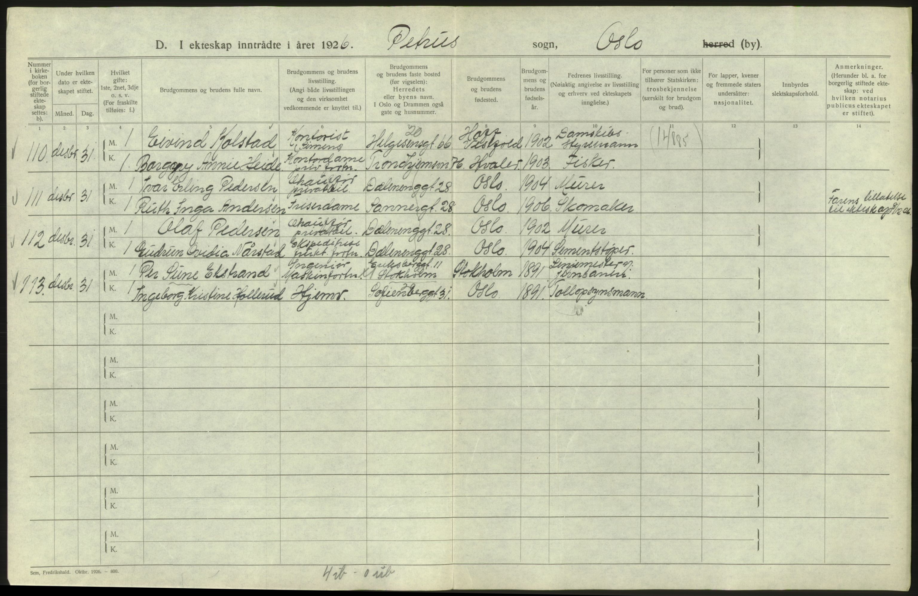 Statistisk sentralbyrå, Sosiodemografiske emner, Befolkning, AV/RA-S-2228/D/Df/Dfc/Dfcf/L0008: Oslo: Gifte, 1926, s. 444