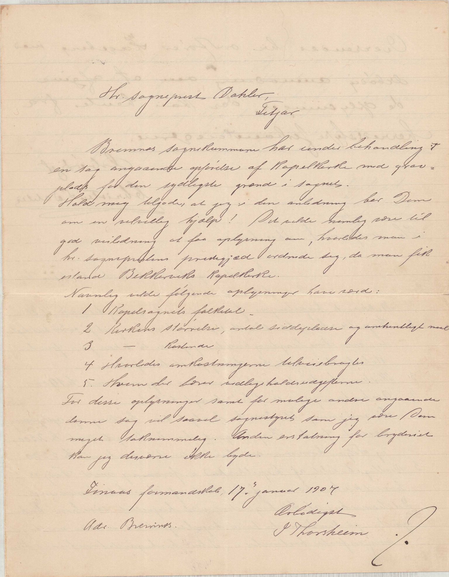 Finnaas kommune. Formannskapet, IKAH/1218a-021/D/Da/L0001/0006: Korrespondanse / saker / Kapellkyrkje på Løkling, 1906-1910, s. 20