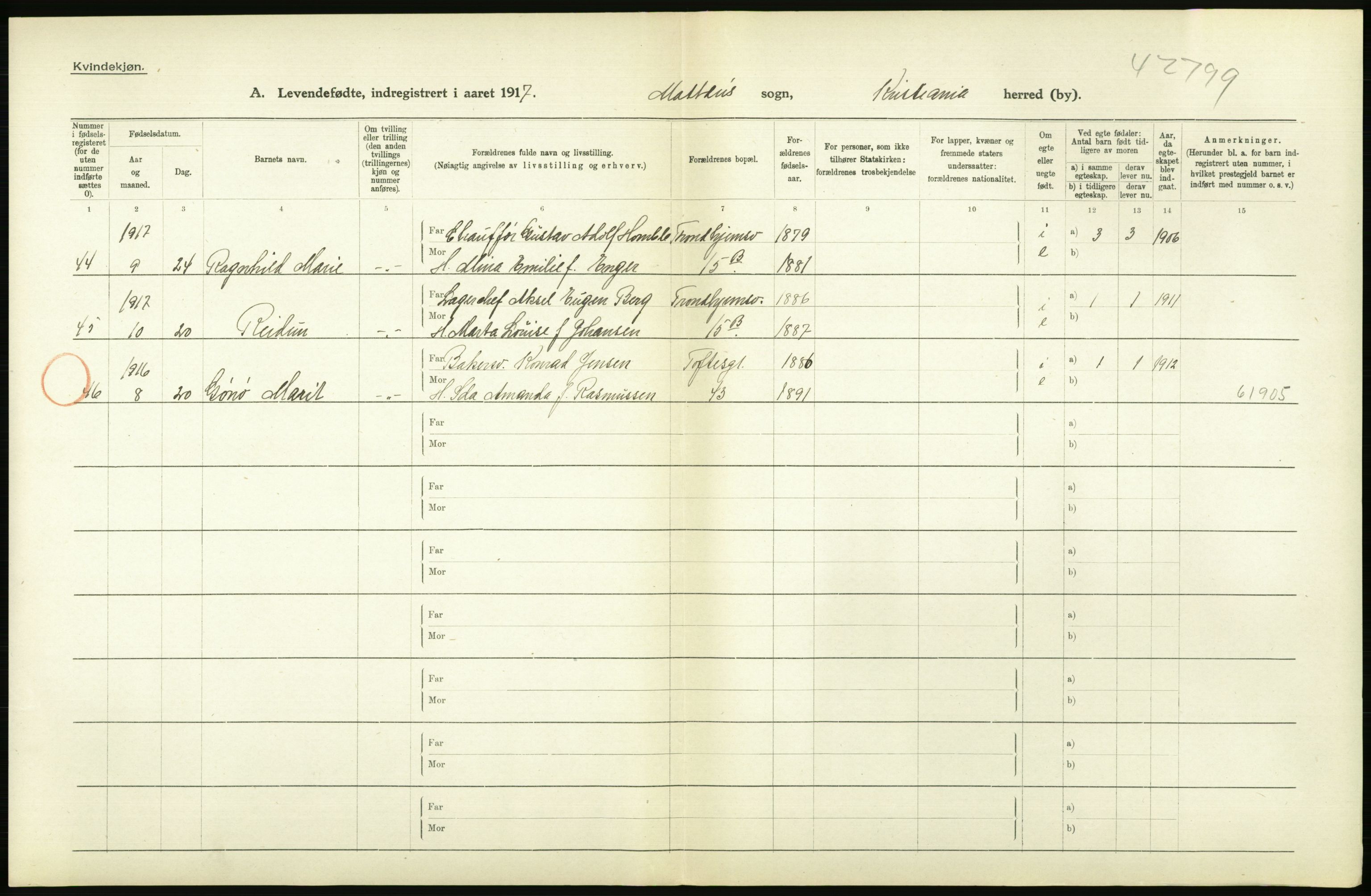 Statistisk sentralbyrå, Sosiodemografiske emner, Befolkning, AV/RA-S-2228/D/Df/Dfb/Dfbg/L0006: Kristiania: Levendefødte menn og kvinner., 1917, s. 662