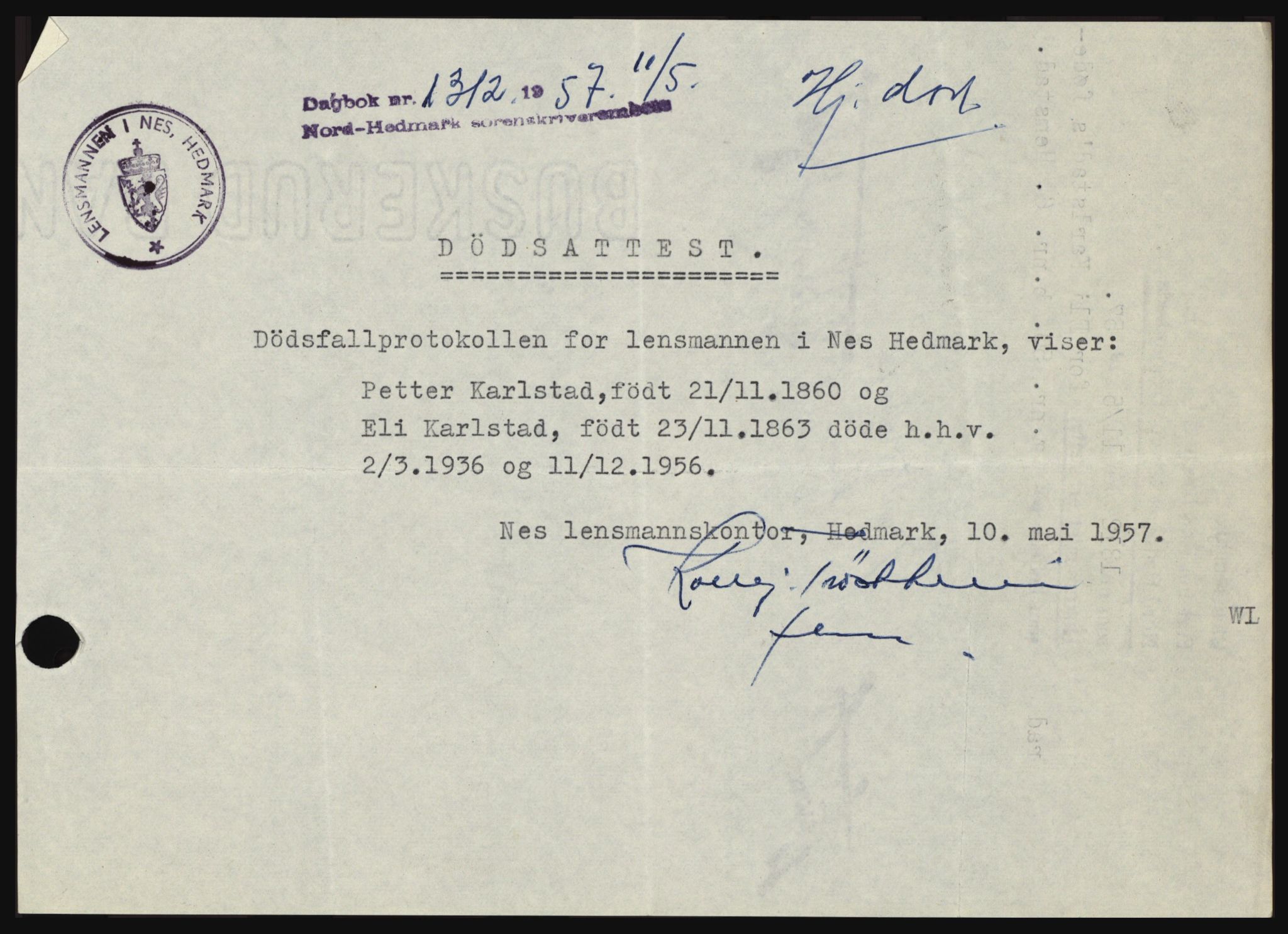 Nord-Hedmark sorenskriveri, SAH/TING-012/H/Hc/L0011: Pantebok nr. 11, 1956-1957, Dagboknr: 1312/1957