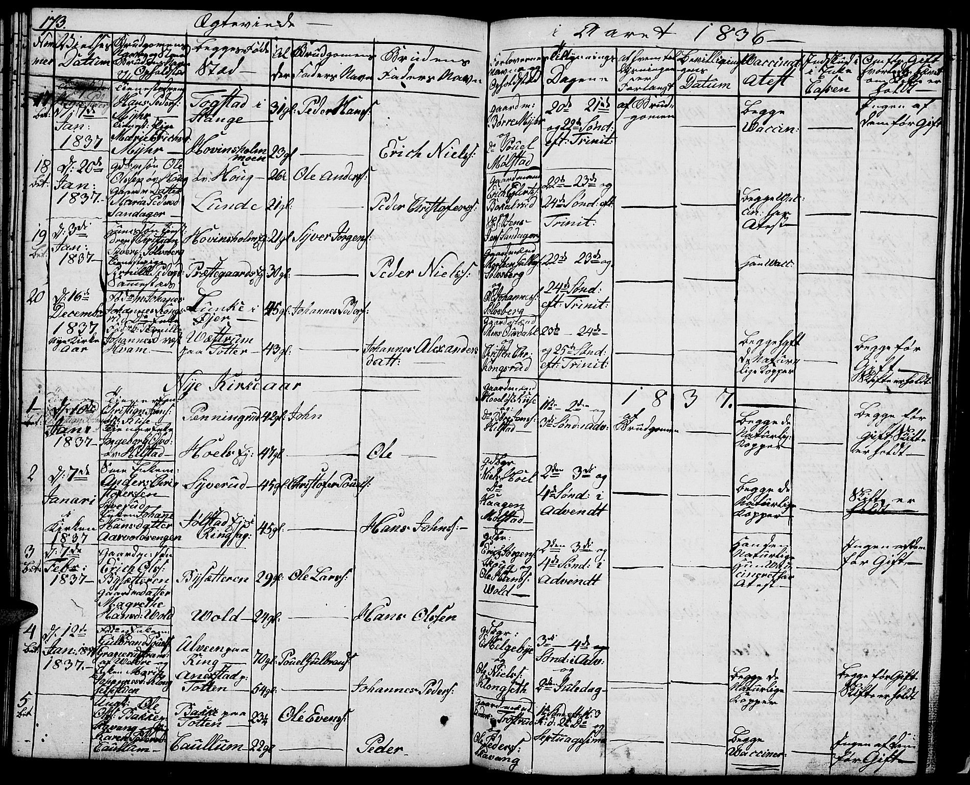 Nes prestekontor, Hedmark, AV/SAH-PREST-020/L/La/L0004: Klokkerbok nr. 4, 1832-1861, s. 173