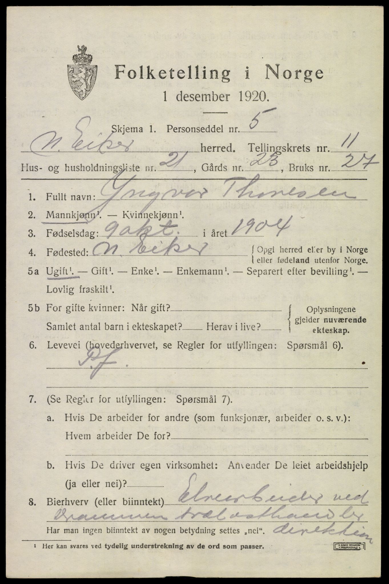 SAKO, Folketelling 1920 for 0625 Nedre Eiker herred, 1920, s. 11313
