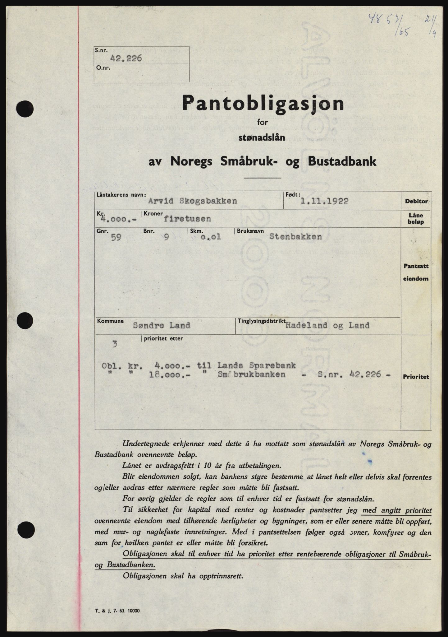 Hadeland og Land tingrett, SAH/TING-010/H/Hb/Hbc/L0060: Pantebok nr. B60, 1965-1965, Dagboknr: 4857/1965