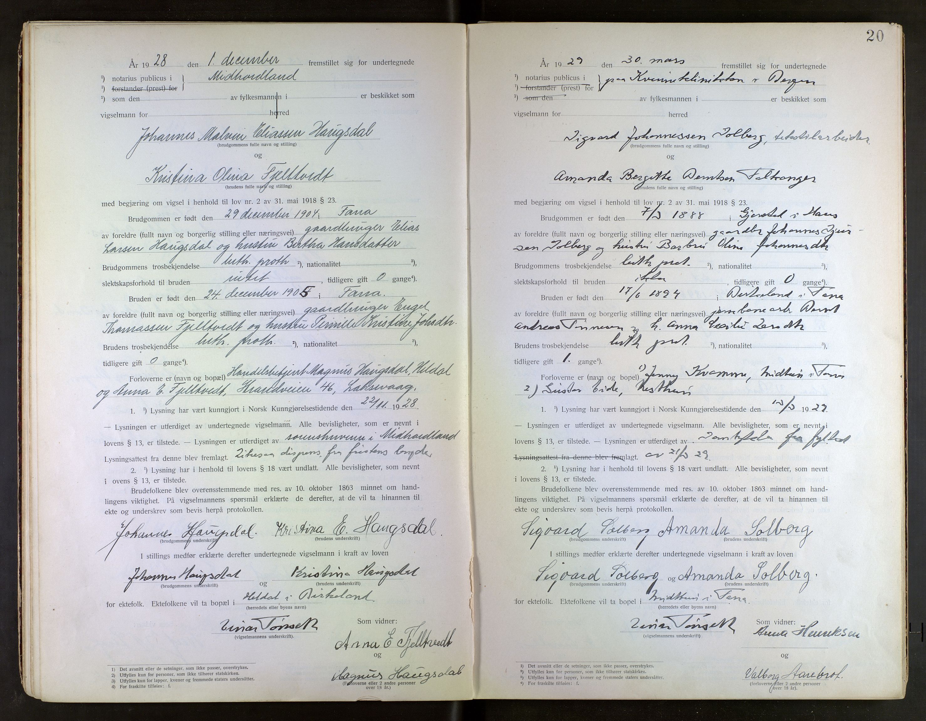 Midhordland sorenskriveri, SAB/A-3001/1/M/Mc/Mca/L0001: Notarialbilag. Vigselbøker, 1920-1939, s. 20