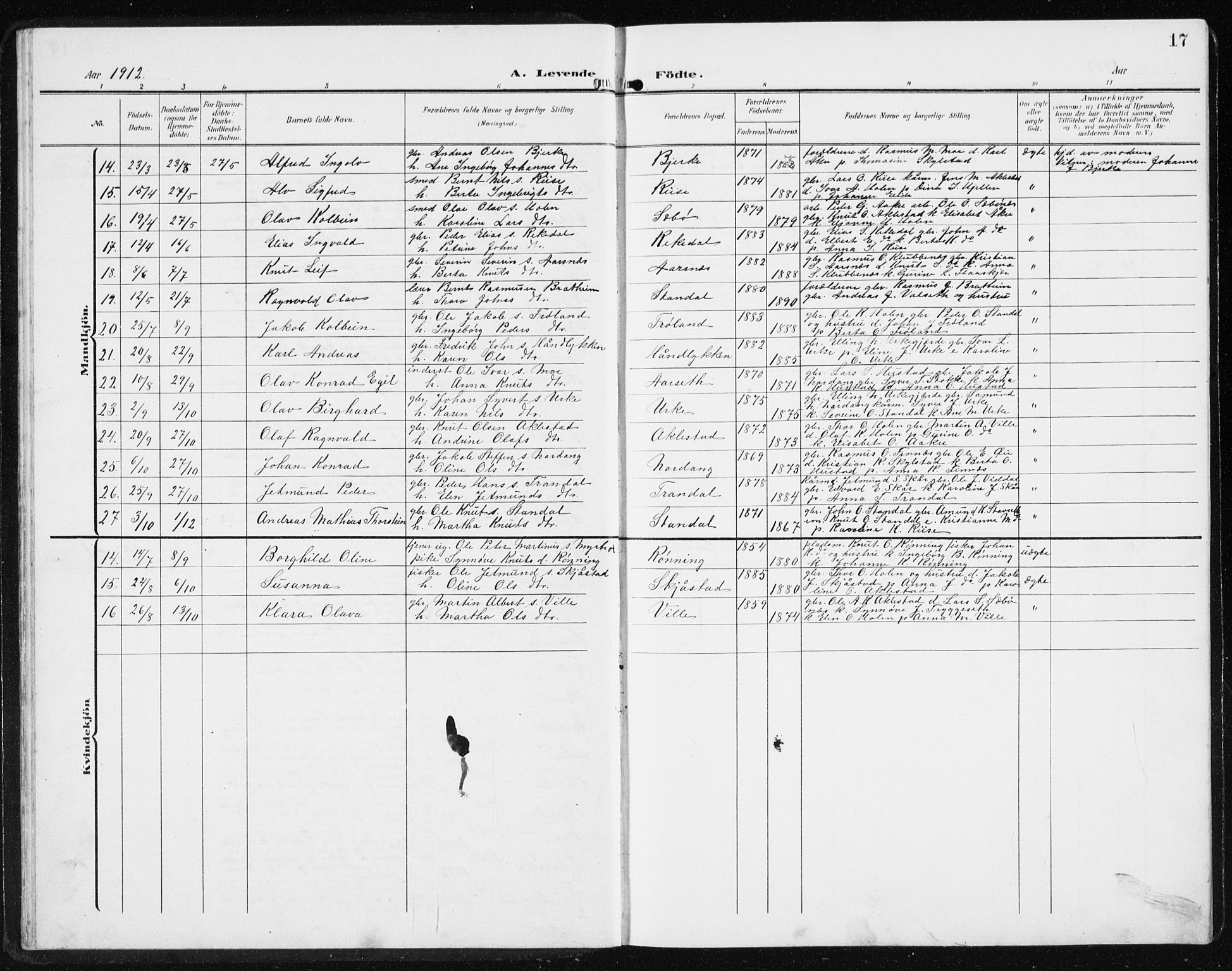 Ministerialprotokoller, klokkerbøker og fødselsregistre - Møre og Romsdal, AV/SAT-A-1454/515/L0216: Klokkerbok nr. 515C03, 1906-1941, s. 17