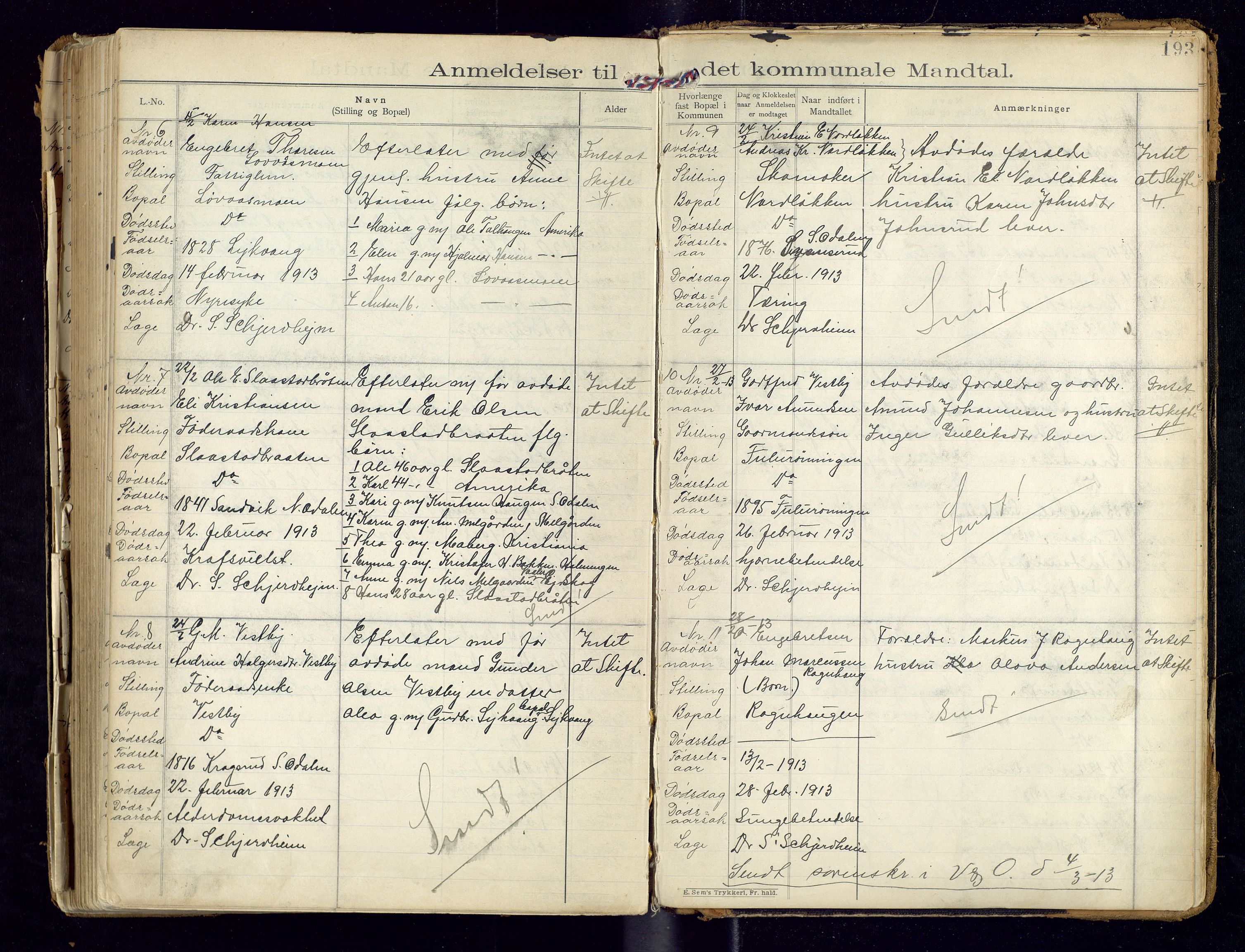 Sør-Odal lensmannskontor, AV/SAH-LHS-022/H/Hb/L0001/0002: Protokoller over anmeldte dødsfall / Protokoll over anmeldte dødsfall, 1901-1913, s. 193