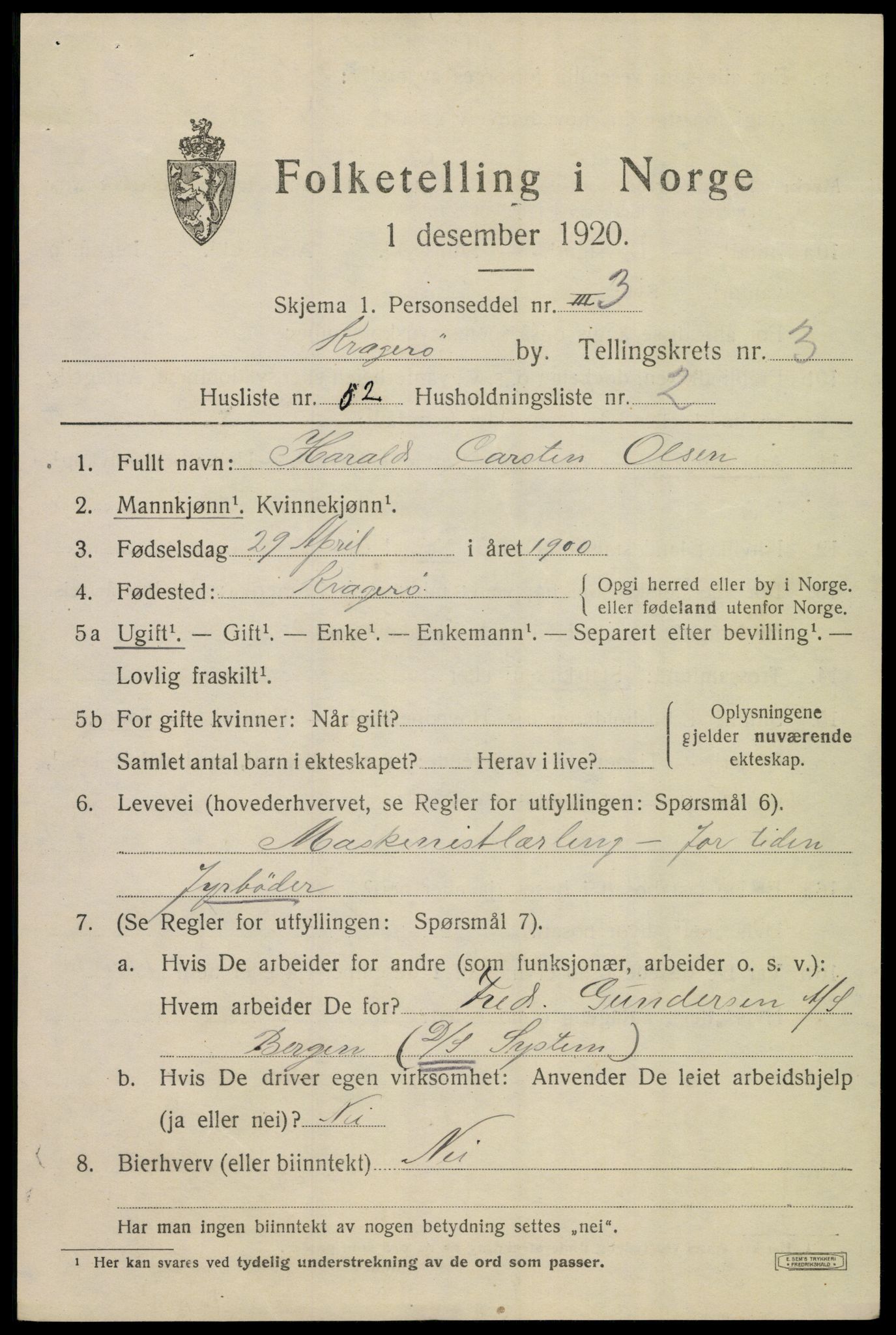 SAKO, Folketelling 1920 for 0801 Kragerø kjøpstad, 1920, s. 7671