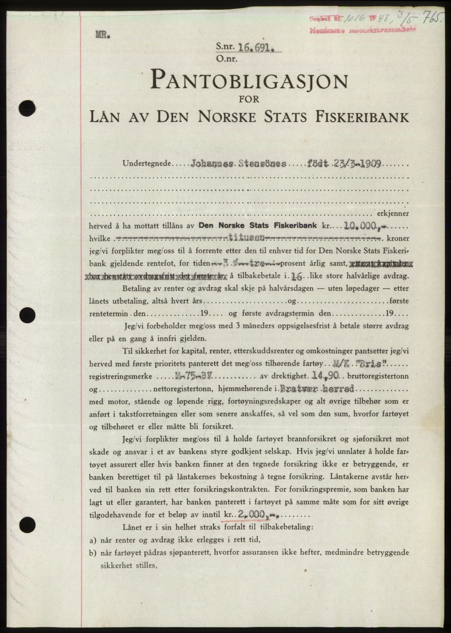 Nordmøre sorenskriveri, SAT/A-4132/1/2/2Ca: Pantebok nr. B98, 1948-1948, Dagboknr: 1016/1948