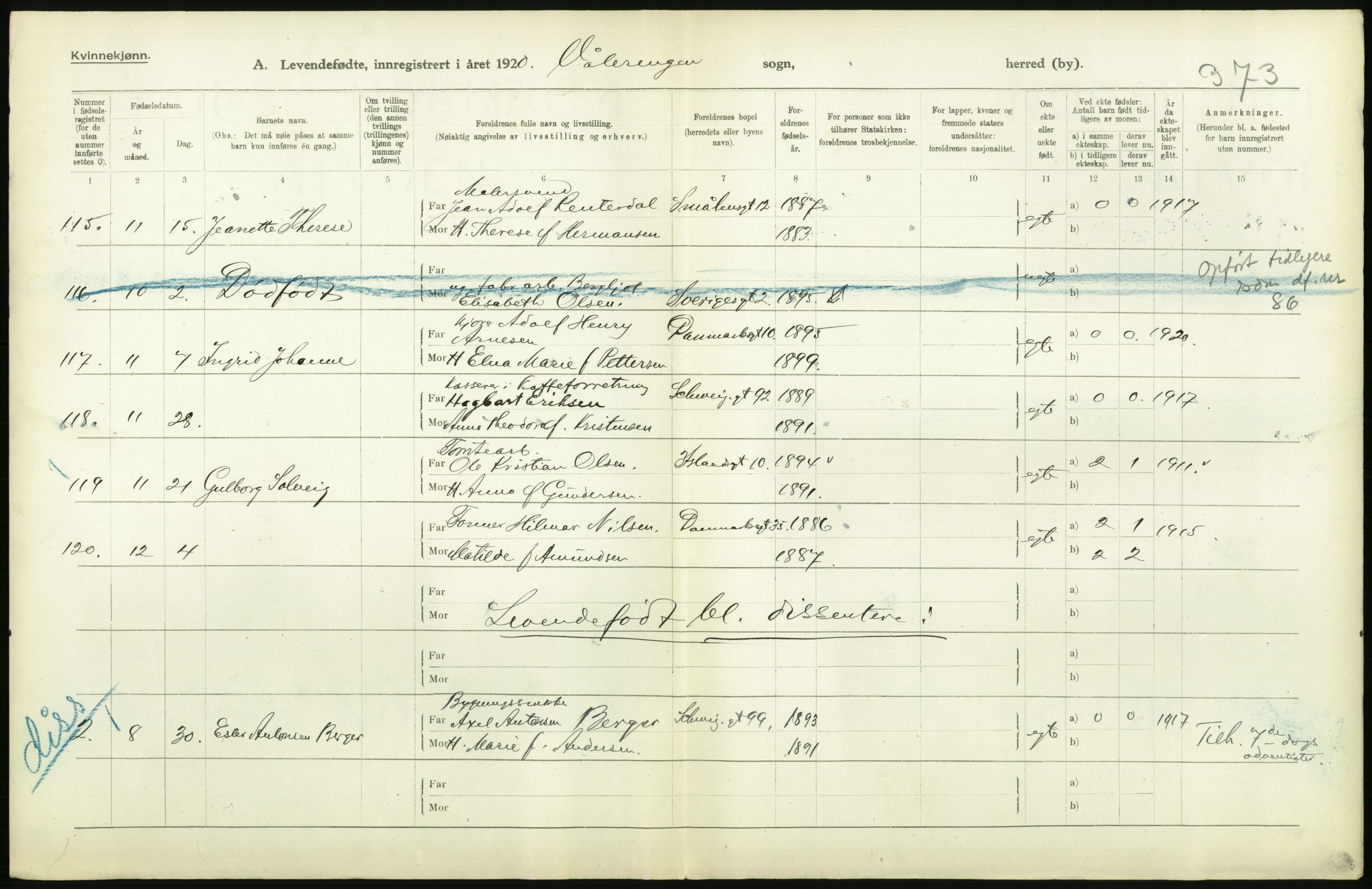 Statistisk sentralbyrå, Sosiodemografiske emner, Befolkning, RA/S-2228/D/Df/Dfb/Dfbj/L0008: Kristiania: Levendefødte menn og kvinner., 1920, s. 80