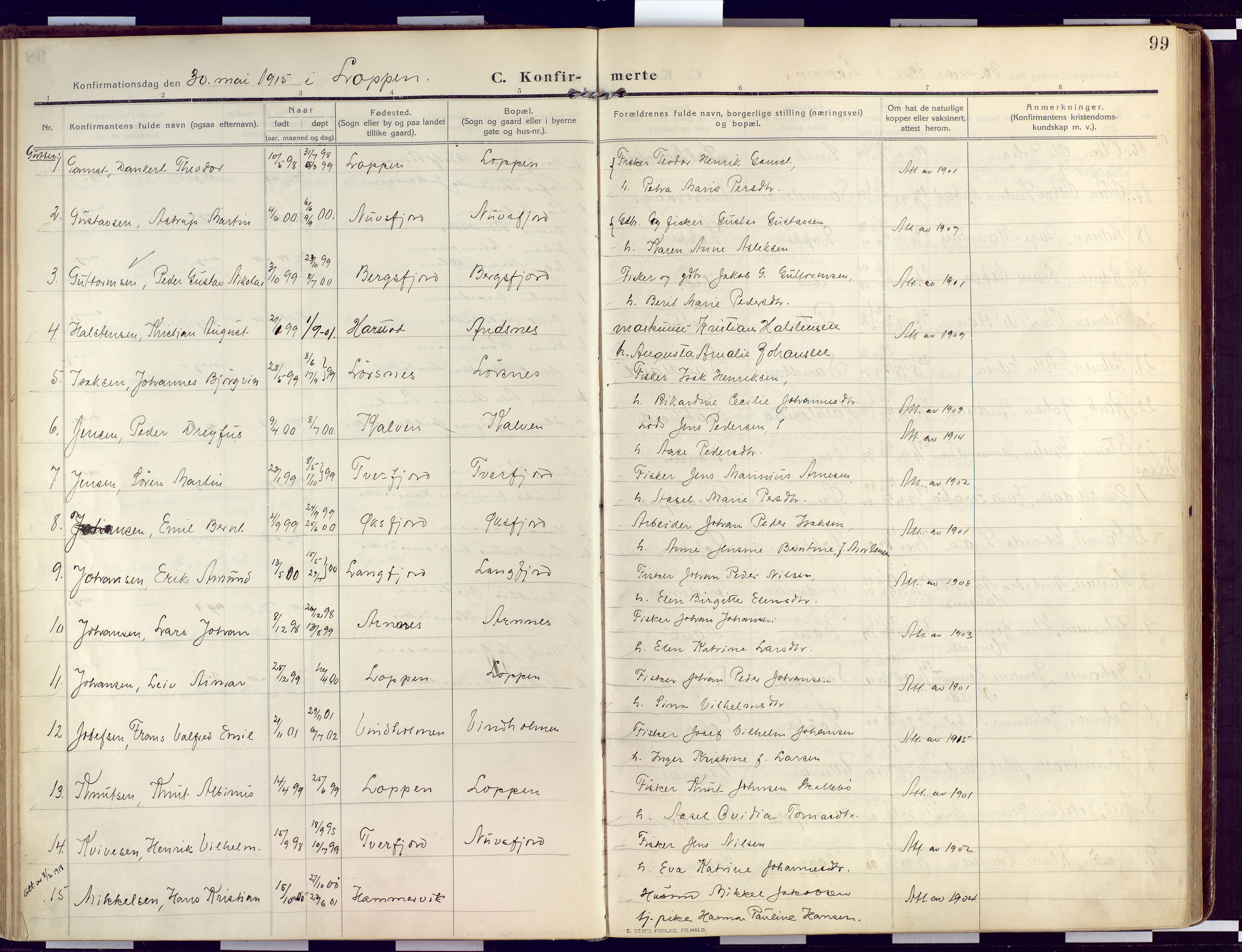 Loppa sokneprestkontor, AV/SATØ-S-1339/H/Ha/L0011kirke: Ministerialbok nr. 11, 1909-1919, s. 99