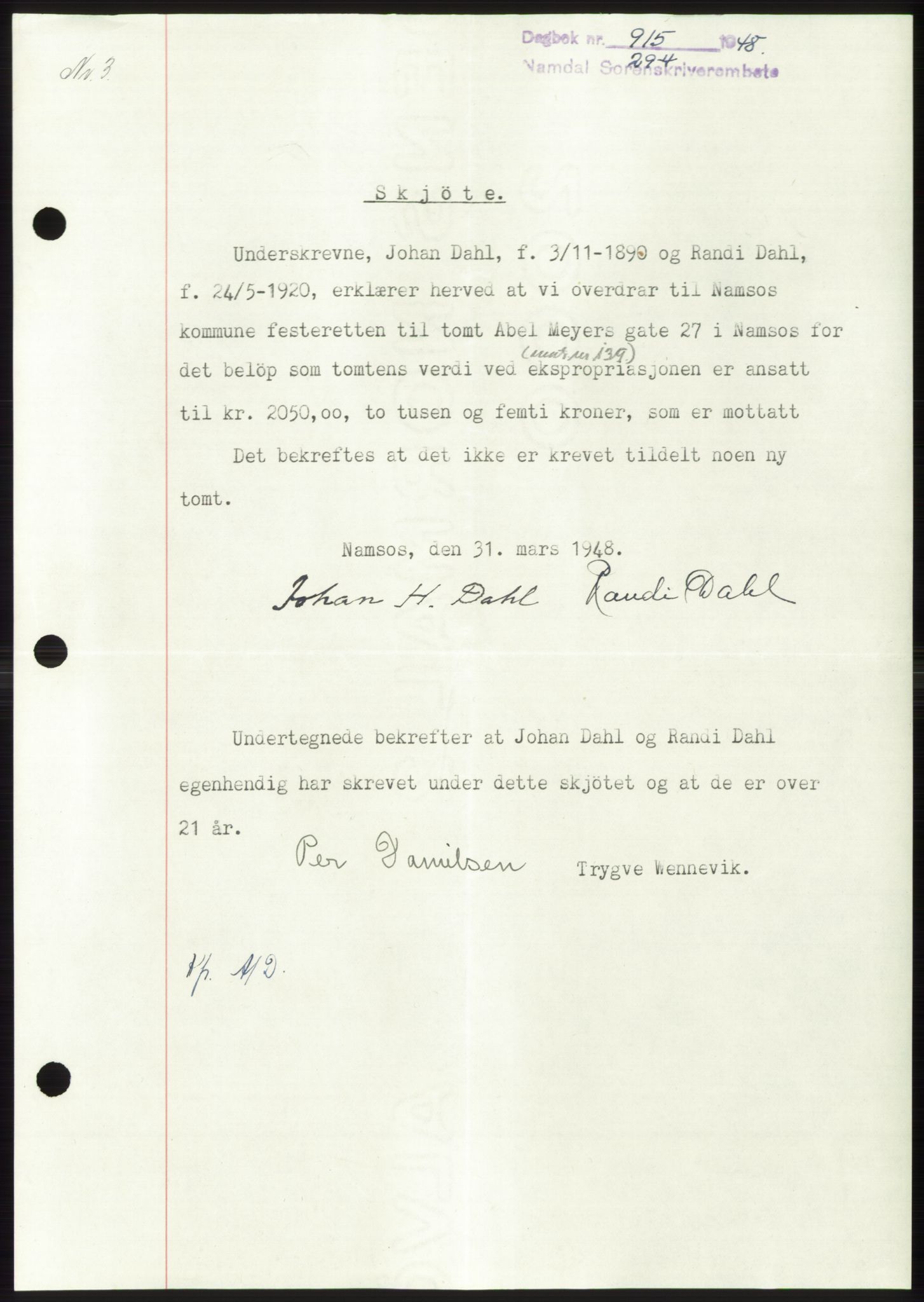 Namdal sorenskriveri, SAT/A-4133/1/2/2C: Pantebok nr. -, 1947-1948, Dagboknr: 915/1948