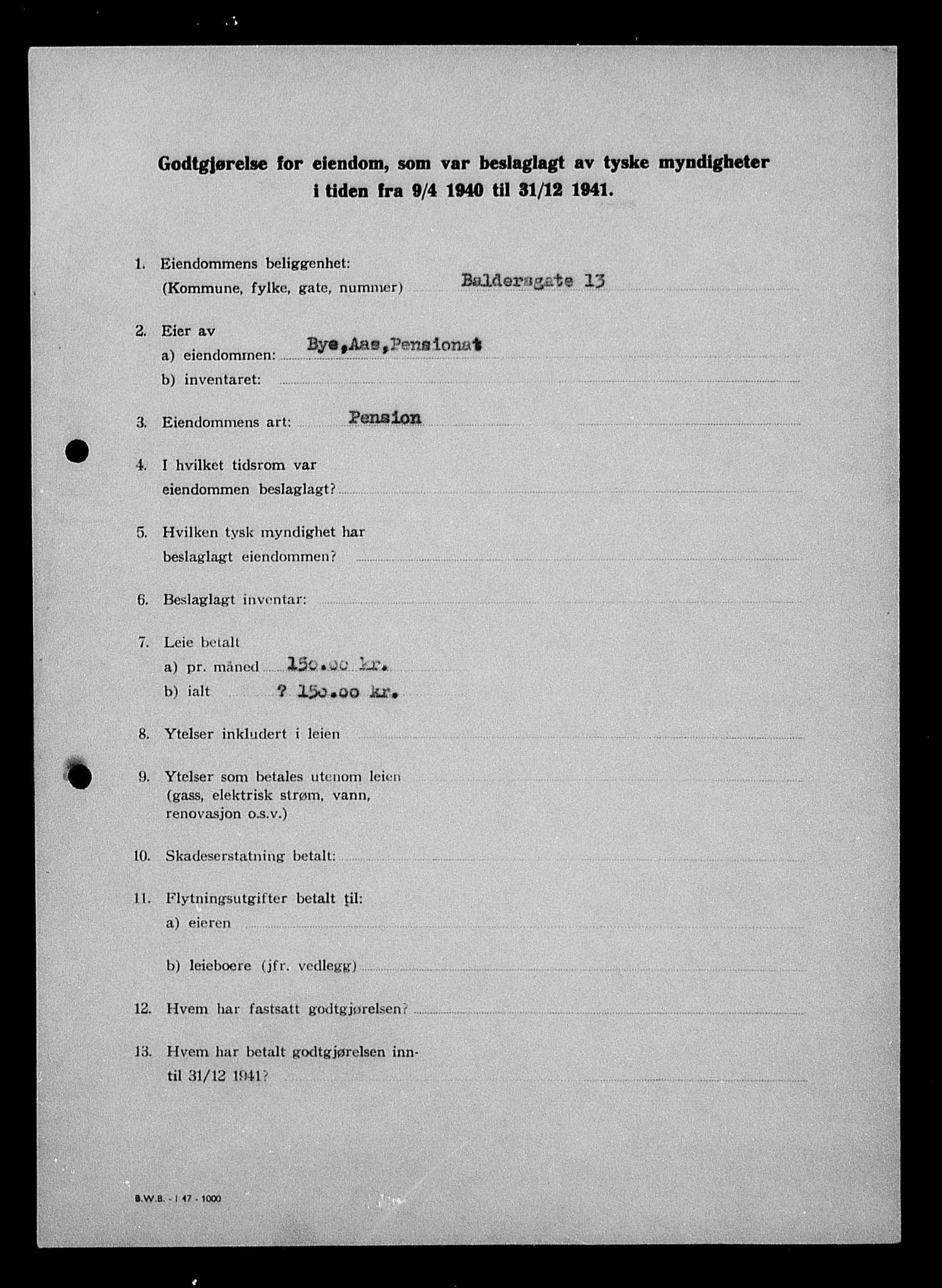 Justisdepartementet, Tilbakeføringskontoret for inndratte formuer, RA/S-1564/I/L1011: Godtgjørelse for beslaglagt eiendom, 1940-1941, s. 775