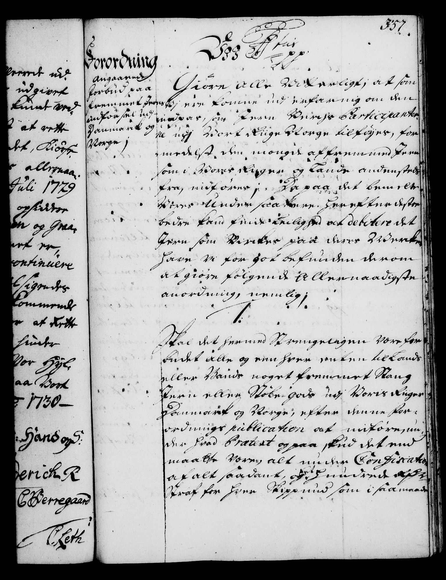 Rentekammeret, Kammerkanselliet, RA/EA-3111/G/Gg/Gga/L0003: Norsk ekspedisjonsprotokoll med register (merket RK 53.3), 1727-1734, s. 357