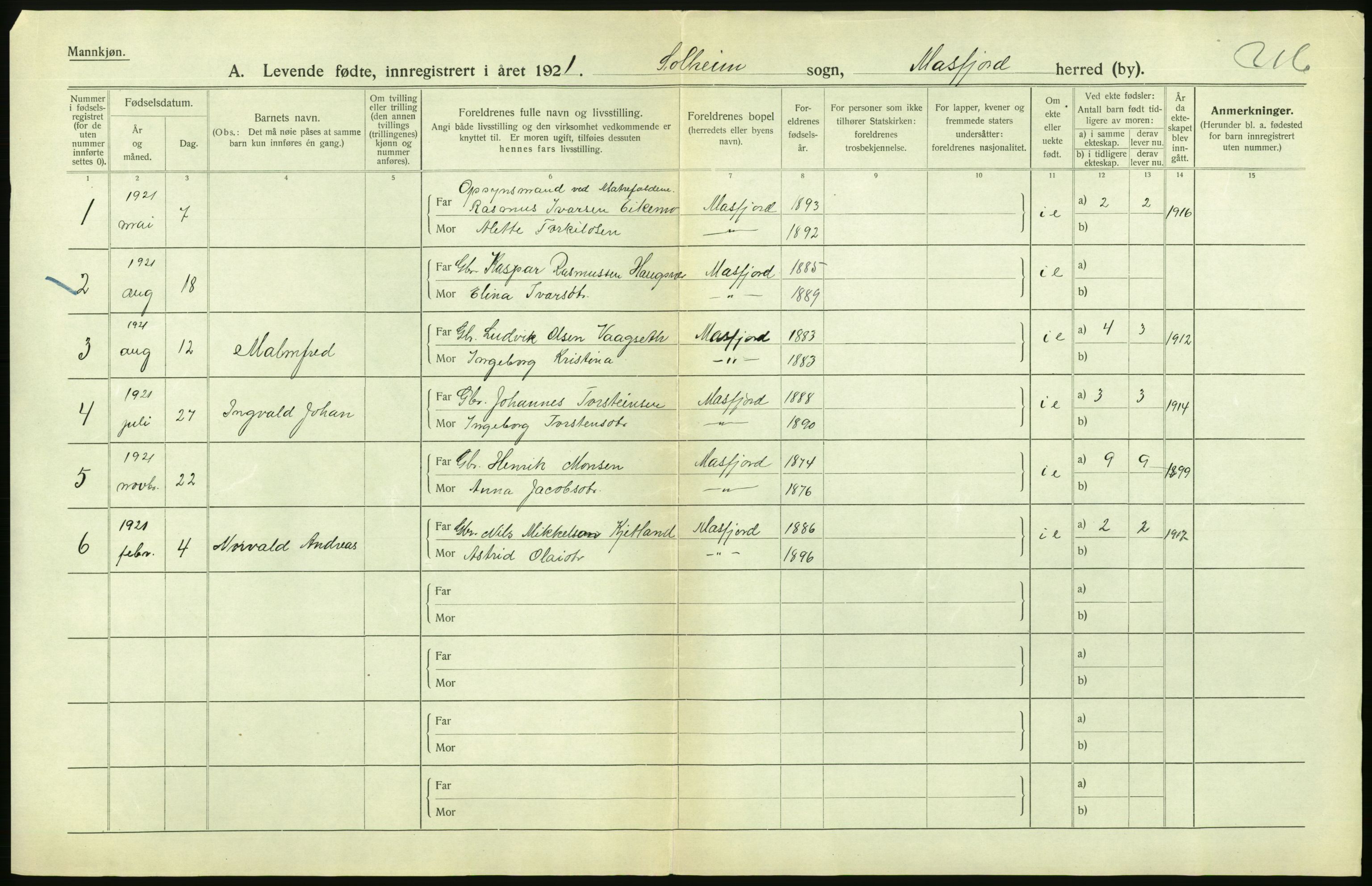 Statistisk sentralbyrå, Sosiodemografiske emner, Befolkning, RA/S-2228/D/Df/Dfc/Dfca/L0031: Hordaland fylke: Levendefødte menn og kvinner. Bygder., 1921, s. 2