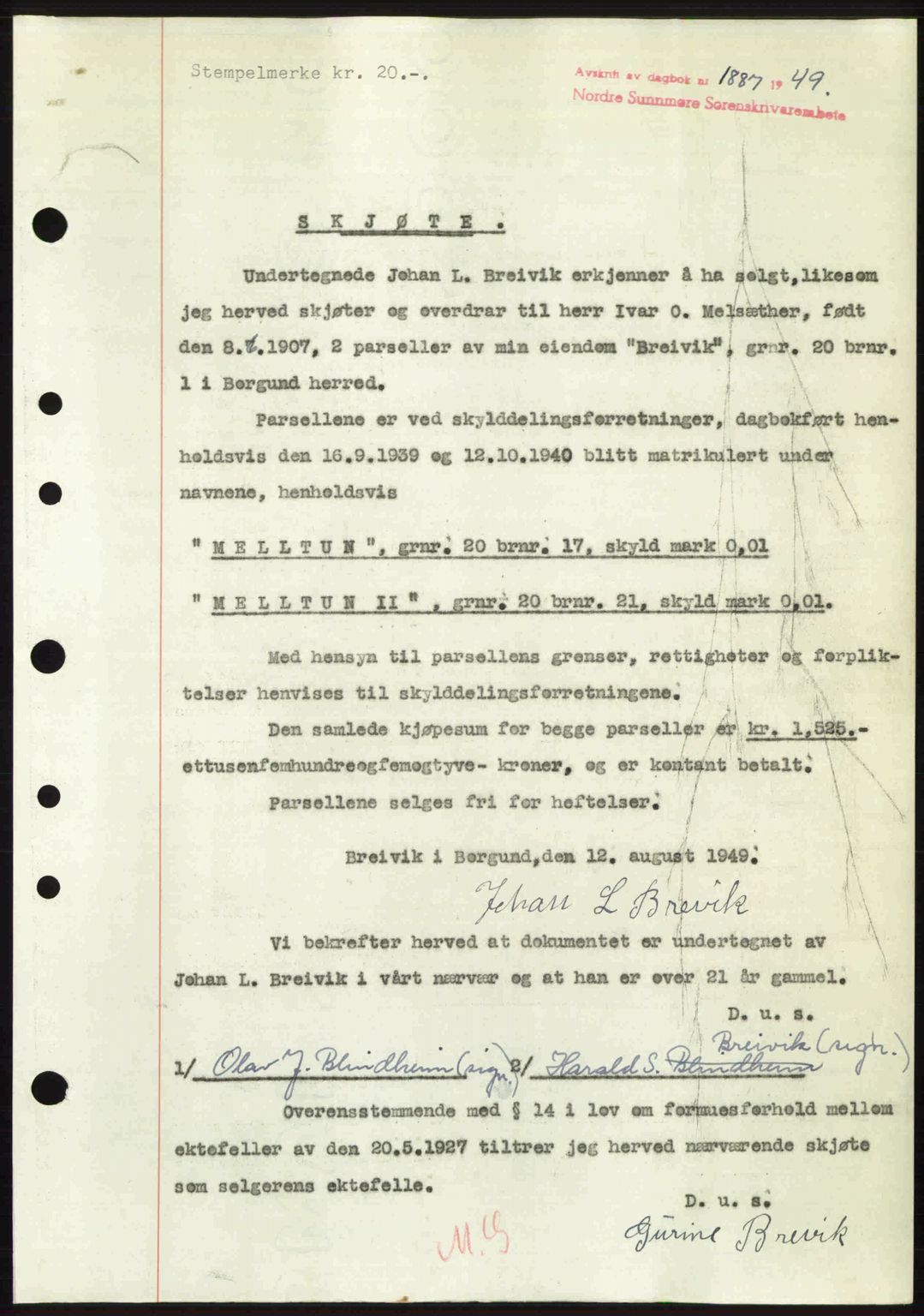 Nordre Sunnmøre sorenskriveri, SAT/A-0006/1/2/2C/2Ca: Pantebok nr. A32, 1949-1949, Dagboknr: 1887/1949