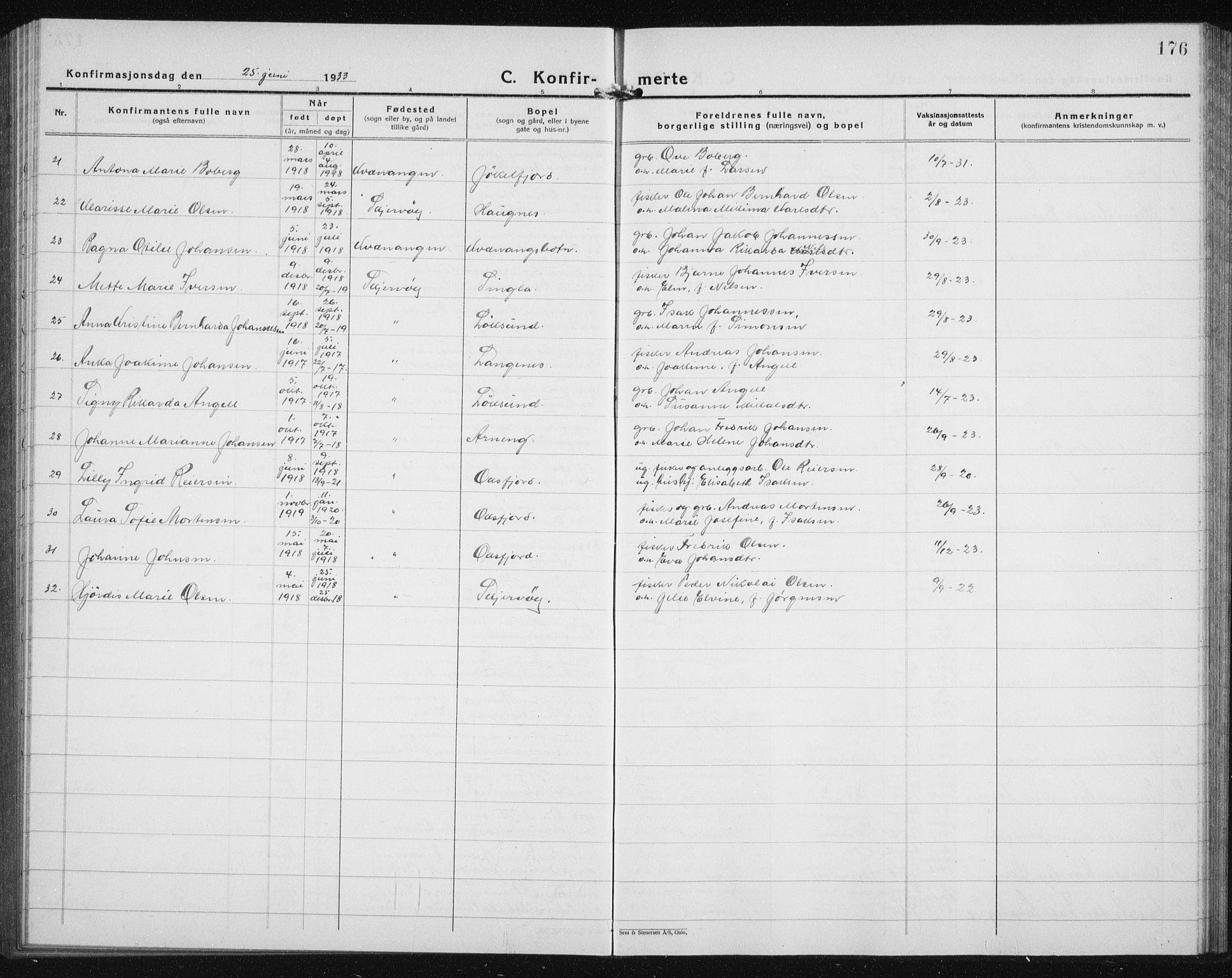 Skjervøy sokneprestkontor, AV/SATØ-S-1300/H/Ha/Hab/L0010klokker: Klokkerbok nr. 10, 1927-1941, s. 176