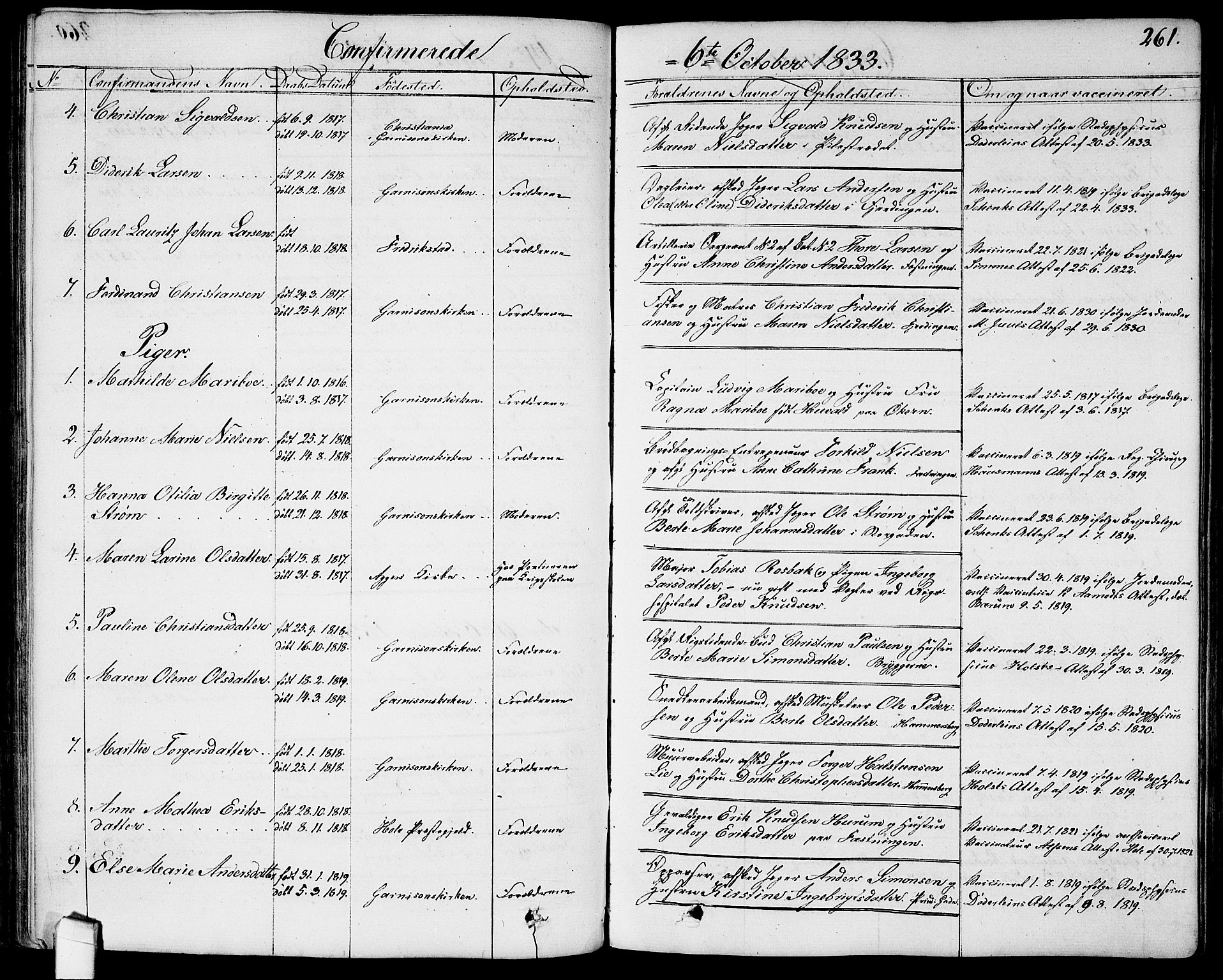 Garnisonsmenigheten Kirkebøker, SAO/A-10846/G/Ga/L0004: Klokkerbok nr. 4, 1828-1840, s. 261