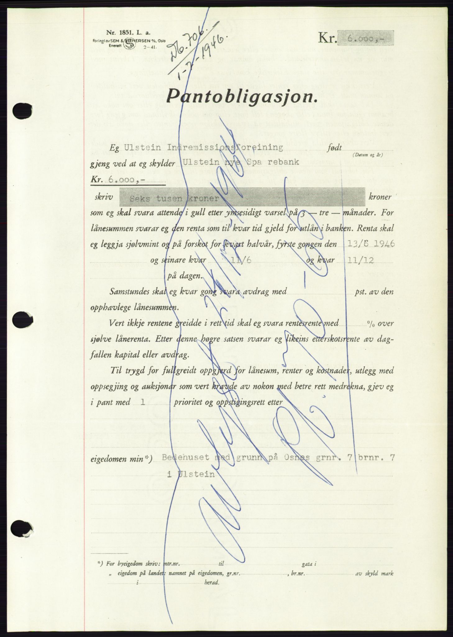 Søre Sunnmøre sorenskriveri, AV/SAT-A-4122/1/2/2C/L0114: Pantebok nr. 1-2B, 1943-1947, Dagboknr: 706/1946
