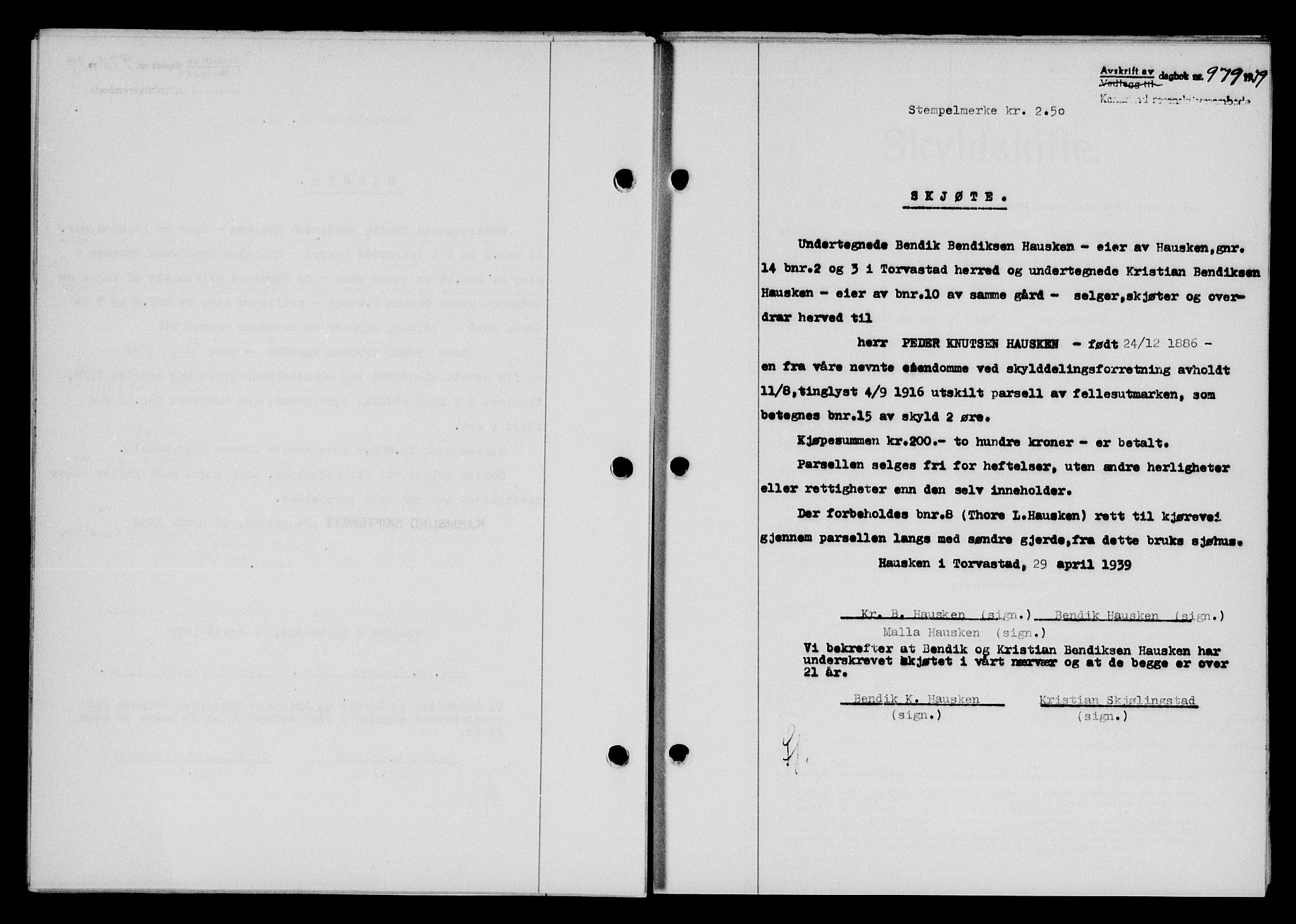 Karmsund sorenskriveri, SAST/A-100311/01/II/IIB/L0071: Pantebok nr. 52A, 1939-1939, Dagboknr: 979/1939