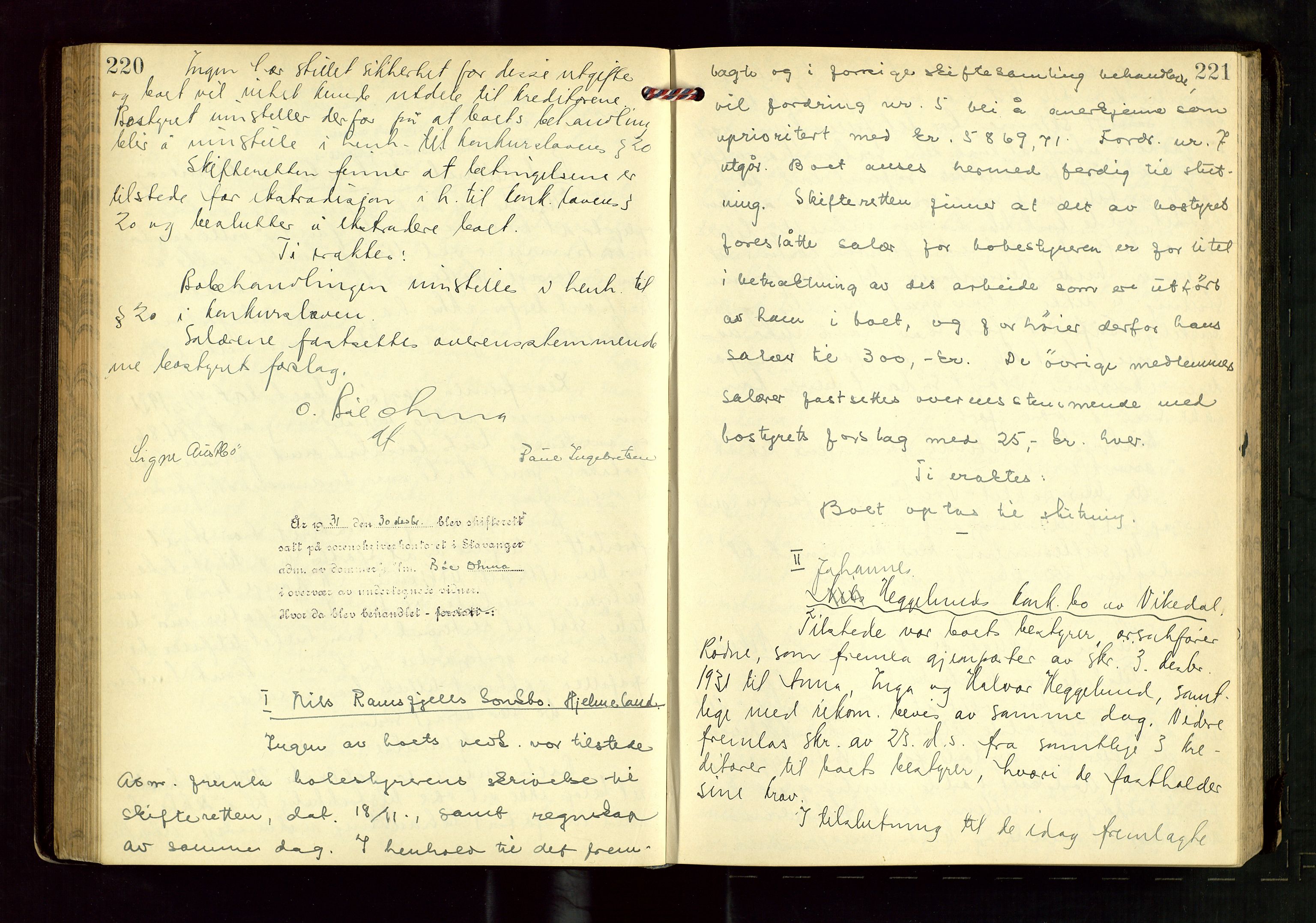 Ryfylke tingrett, AV/SAST-A-100055/001/IV/IVF/L0020: Skifteforhandlingsprotokoll, 1931-1933, s. 220-221