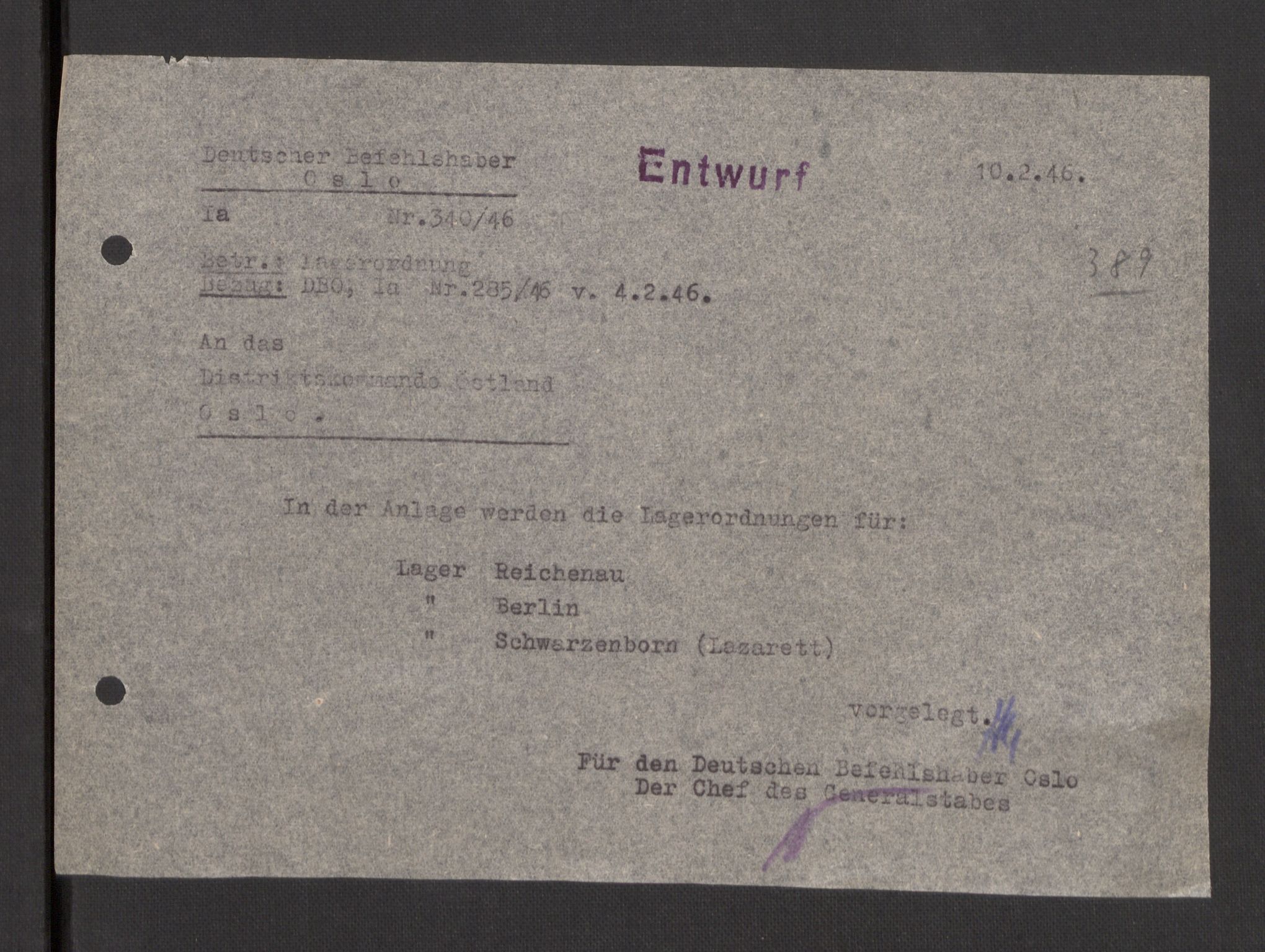 Deutscher Oberbefehlshaber Norwegen (DOBN), AV/RA-RAFA-2197/D/Dja/L0070/0001: DBO Abt. 1a / Lagerordnungen, 1946