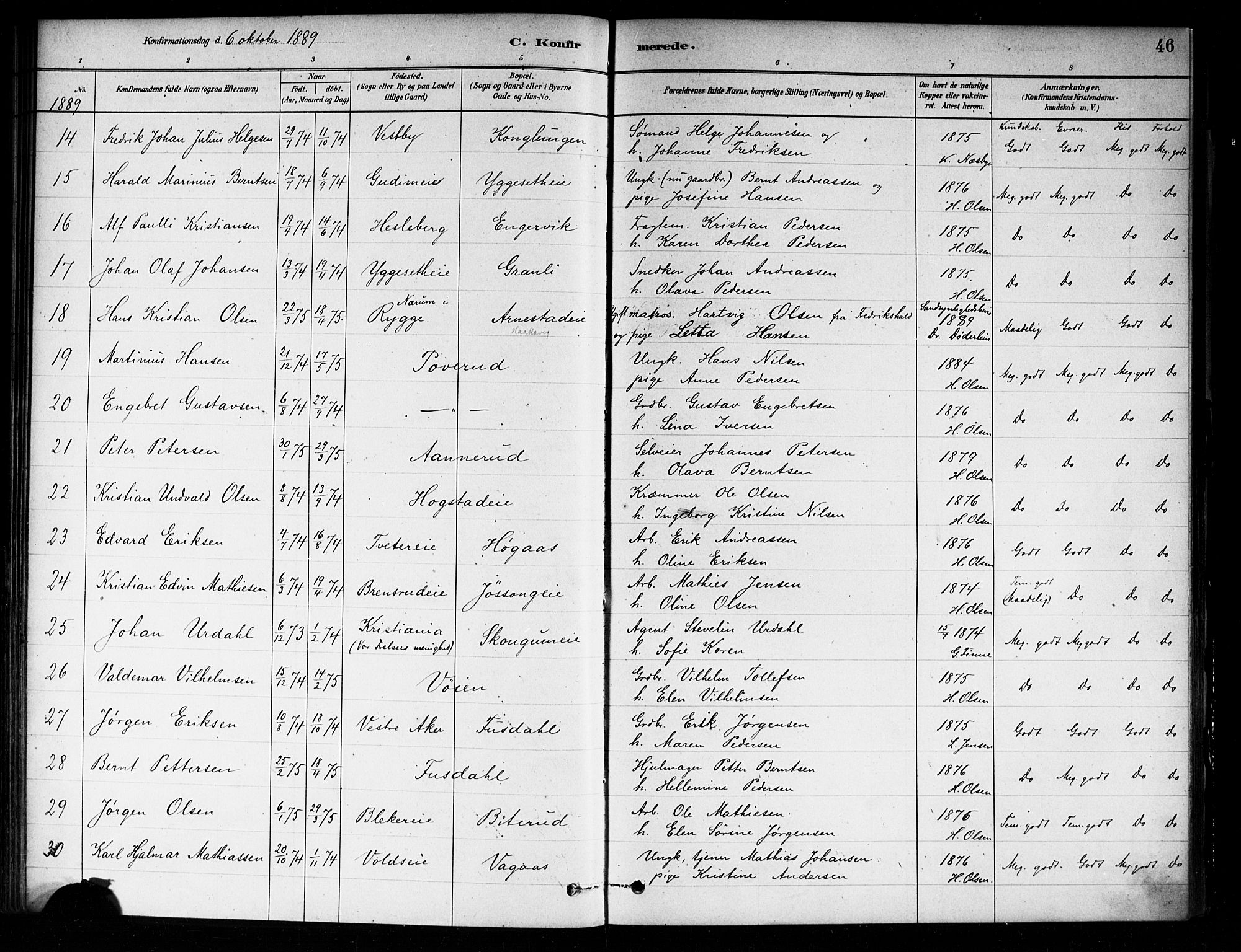 Asker prestekontor Kirkebøker, AV/SAO-A-10256a/F/Fa/L0014: Ministerialbok nr. I 14, 1879-1900, s. 46