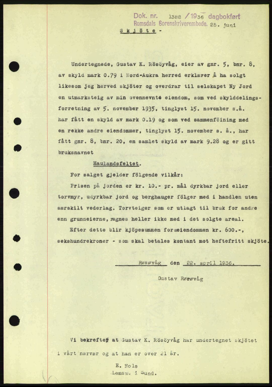 Romsdal sorenskriveri, SAT/A-4149/1/2/2C: Pantebok nr. A1, 1936-1936, Dagboknr: 1388/1936