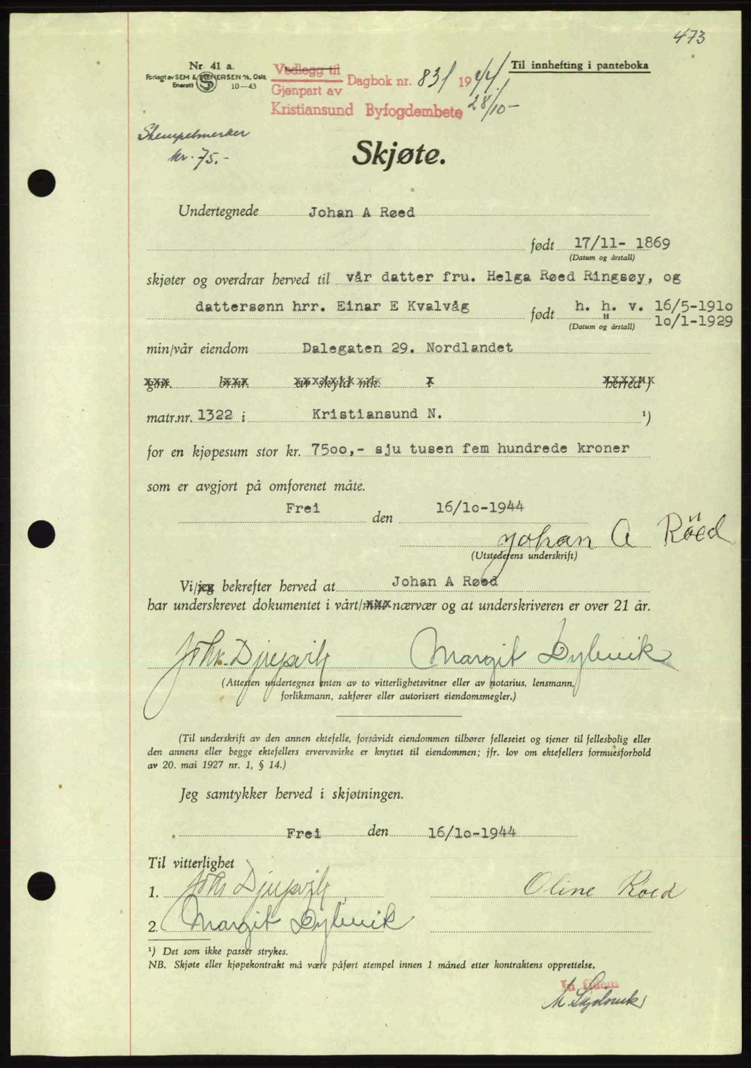 Kristiansund byfogd, AV/SAT-A-4587/A/27: Pantebok nr. 34, 1941-1945, Dagboknr: 831/1944