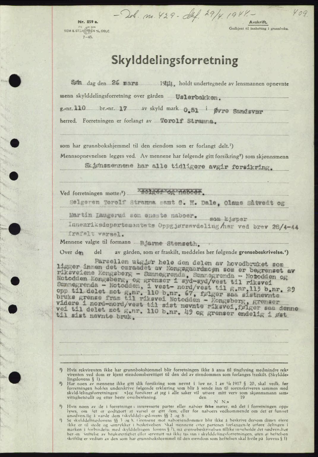 Numedal og Sandsvær sorenskriveri, SAKO/A-128/G/Ga/Gaa/L0055: Pantebok nr. A7, 1943-1944, Dagboknr: 429/1944