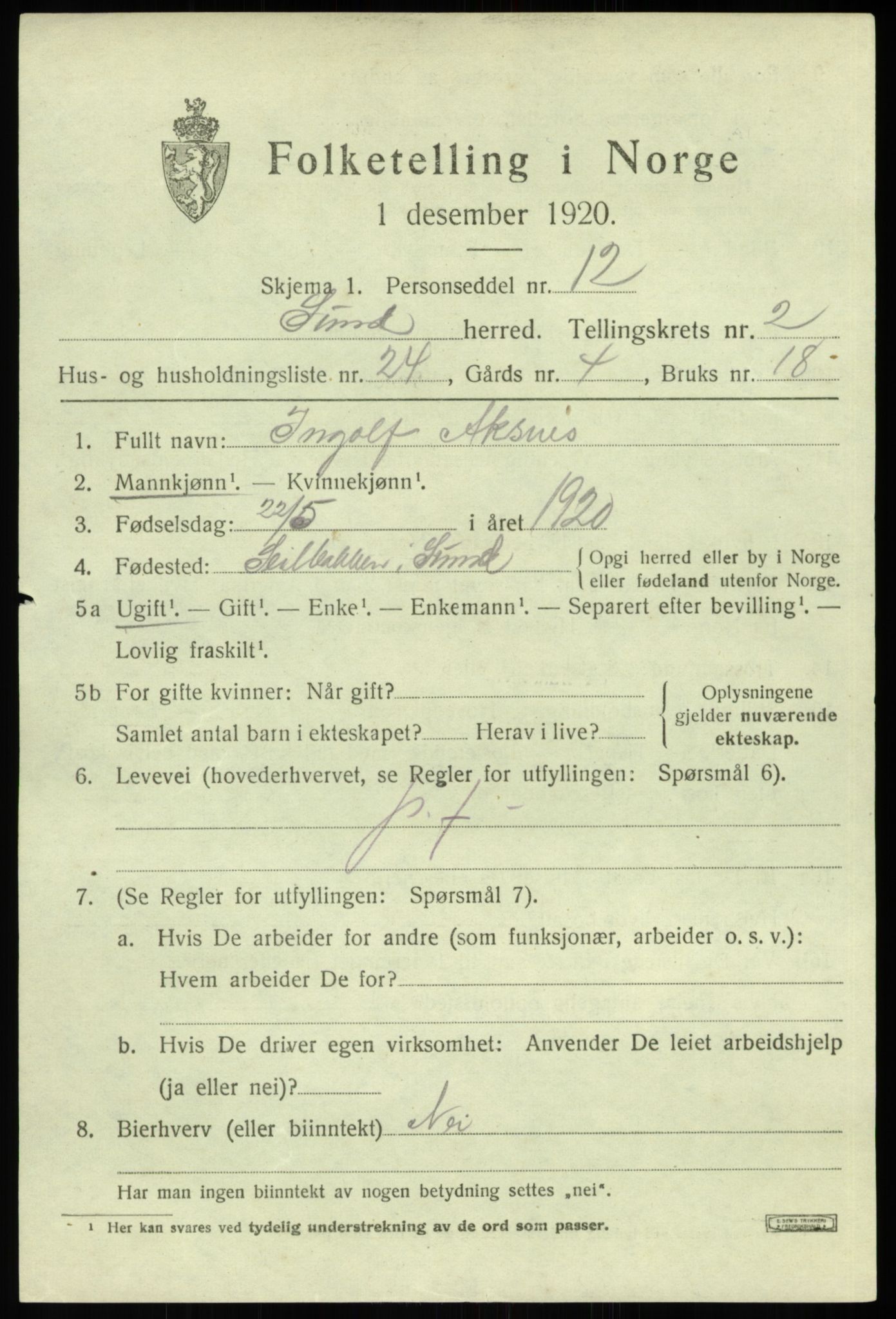 SAB, Folketelling 1920 for 1245 Sund herred, 1920, s. 1821