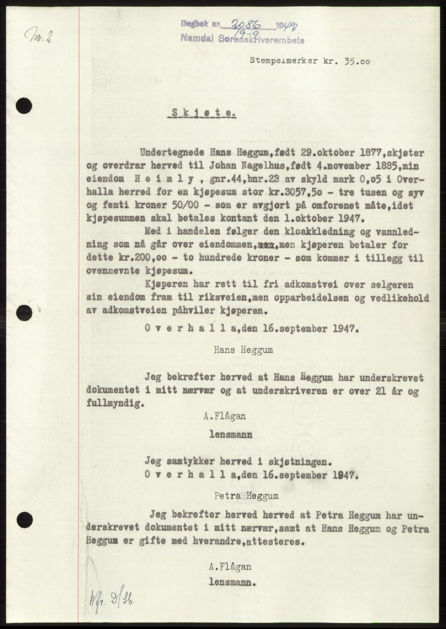 Namdal sorenskriveri, SAT/A-4133/1/2/2C: Pantebok nr. -, 1947-1947, Dagboknr: 2086/1947