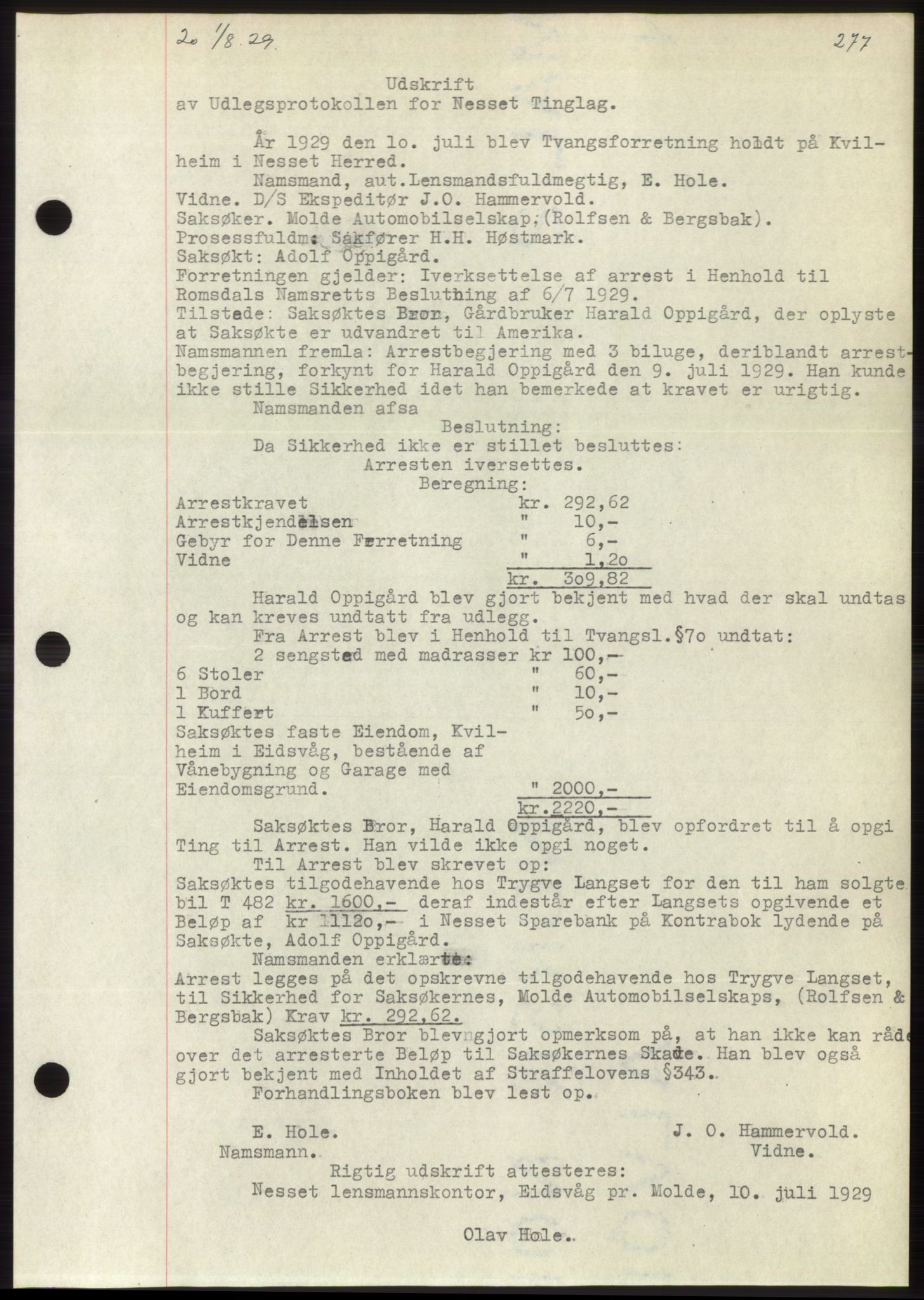 Romsdal sorenskriveri, AV/SAT-A-4149/1/2/2C/L0056: Pantebok nr. 50, 1929-1929, Tingl.dato: 01.08.1929