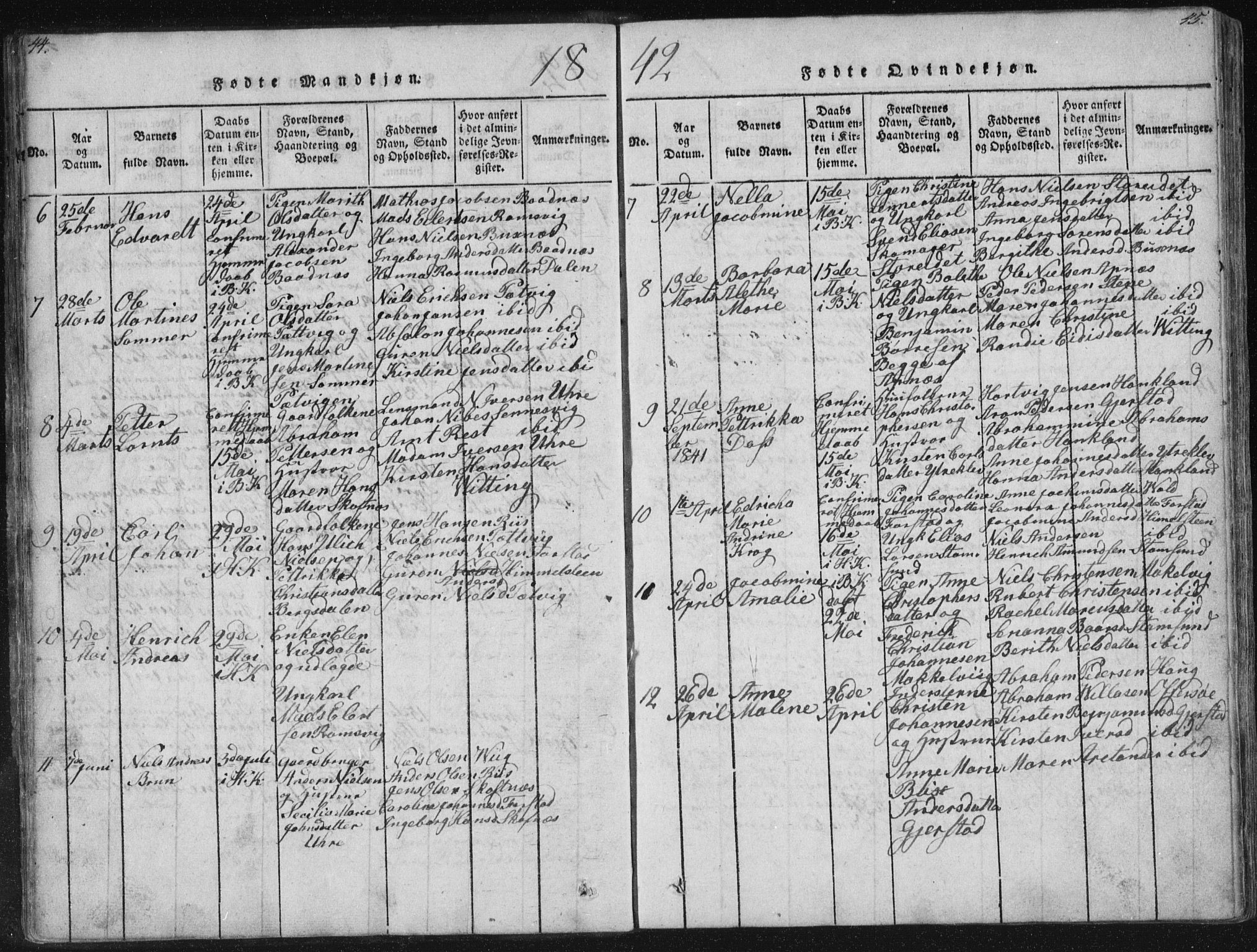 Ministerialprotokoller, klokkerbøker og fødselsregistre - Nordland, SAT/A-1459/881/L1164: Klokkerbok nr. 881C01, 1818-1853, s. 44-45