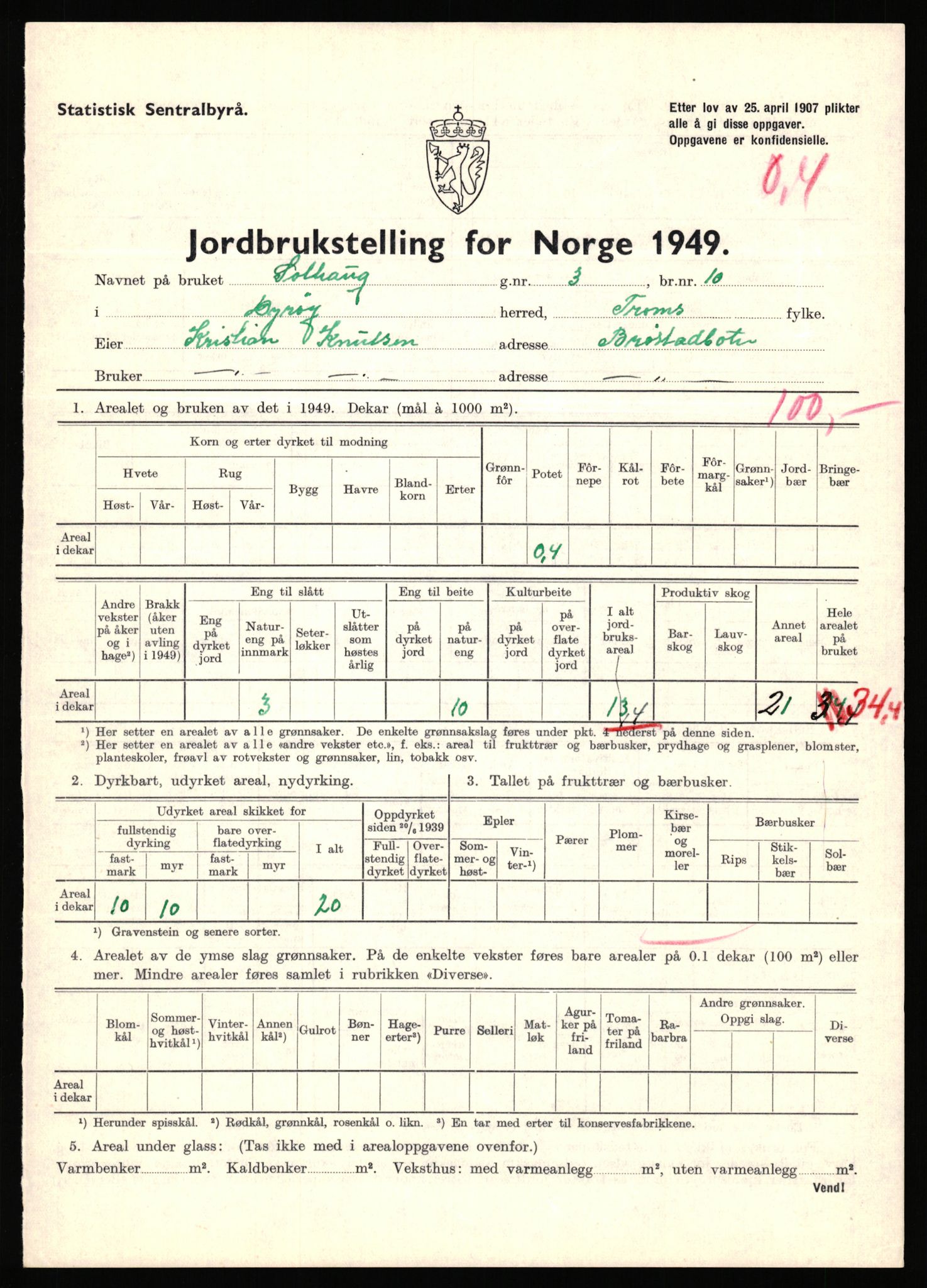 Statistisk sentralbyrå, Næringsøkonomiske emner, Jordbruk, skogbruk, jakt, fiske og fangst, AV/RA-S-2234/G/Gc/L0440: Troms: Sørreisa og Dyrøy, 1949, s. 985