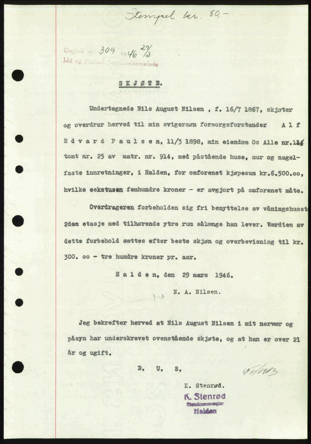 Idd og Marker sorenskriveri, SAO/A-10283/G/Gb/Gbb/L0008: Pantebok nr. A8, 1946-1946, Dagboknr: 309/1946