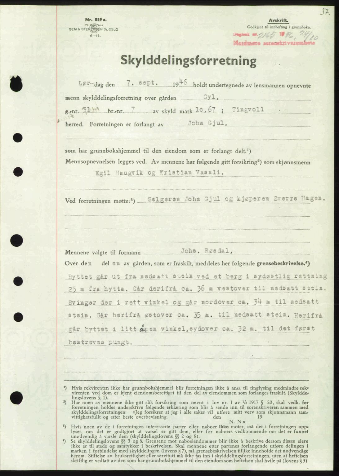 Nordmøre sorenskriveri, SAT/A-4132/1/2/2Ca: Pantebok nr. A103, 1946-1947, Dagboknr: 2165/1946