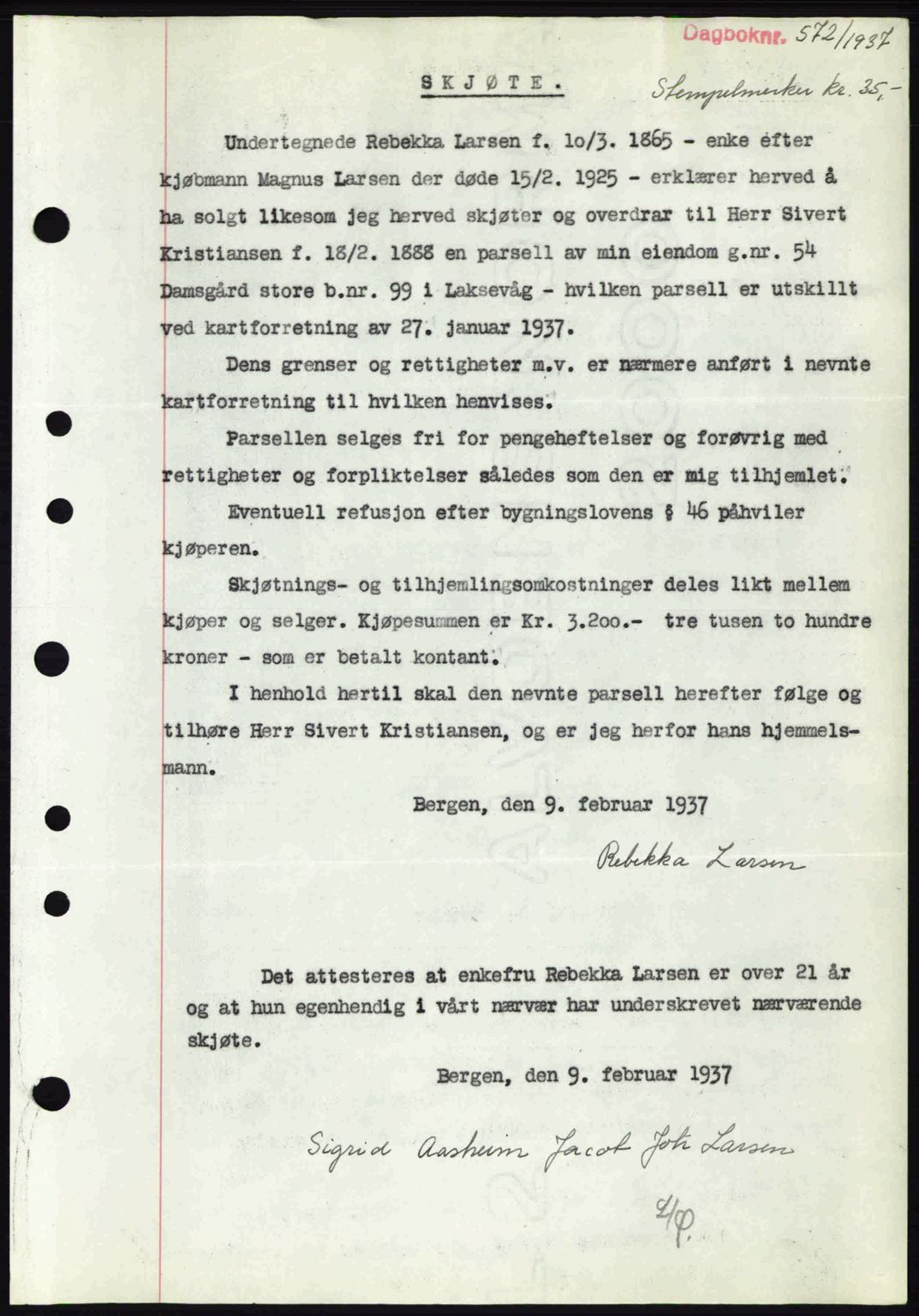 Midhordland sorenskriveri, SAB/A-3001/1/G/Gb/Gbk/L0001: Pantebok nr. A1-6, 1936-1937, Dagboknr: 572/1937