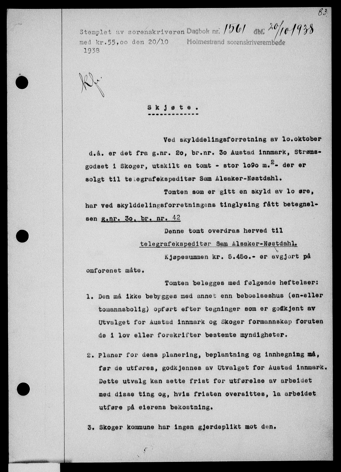 Holmestrand sorenskriveri, SAKO/A-67/G/Ga/Gaa/L0050: Pantebok nr. A-50, 1938-1939, Dagboknr: 1561/1938