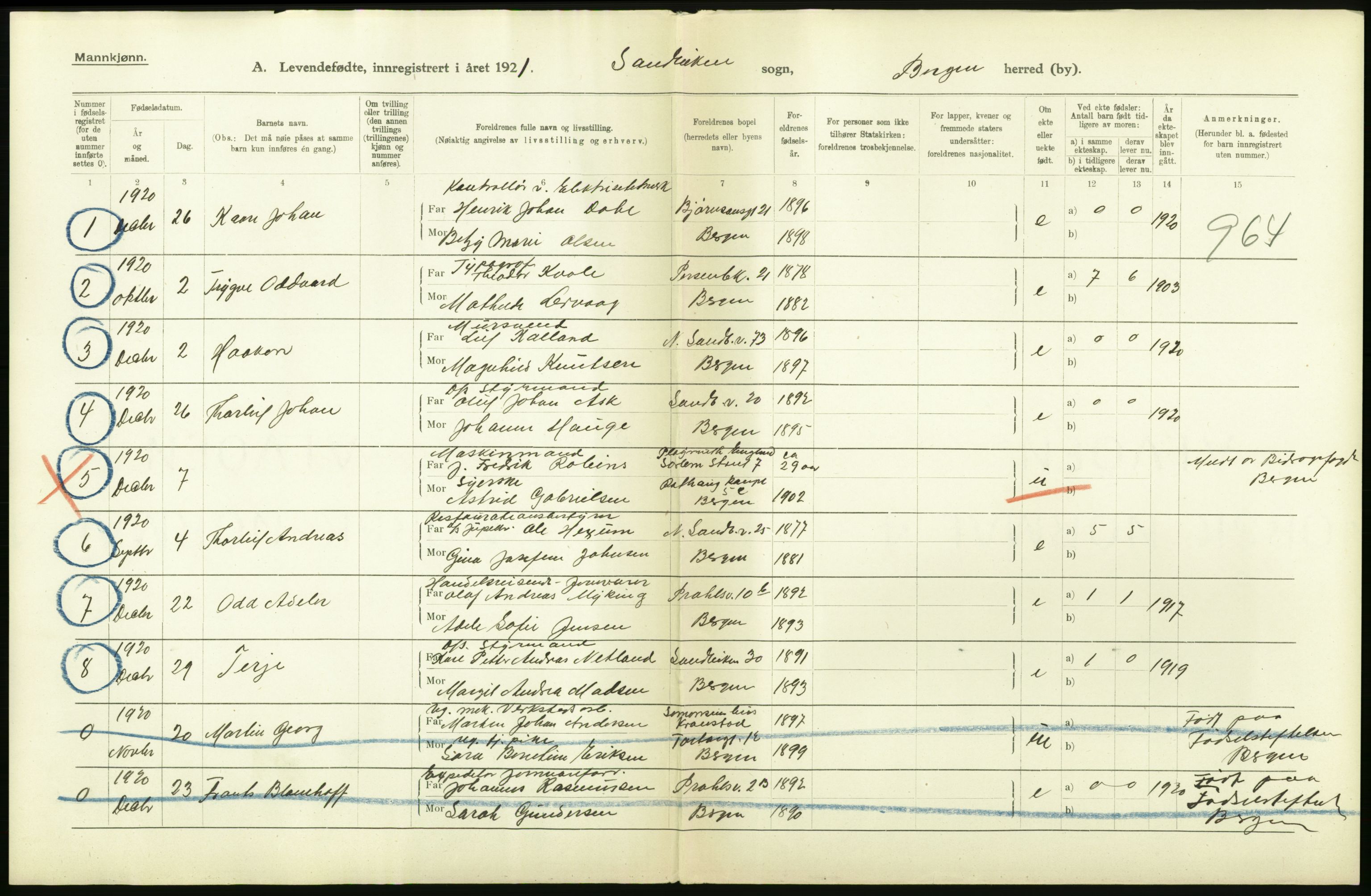 Statistisk sentralbyrå, Sosiodemografiske emner, Befolkning, AV/RA-S-2228/D/Df/Dfc/Dfca/L0034: Bergen: Levendefødte menn og kvinner., 1921, s. 2