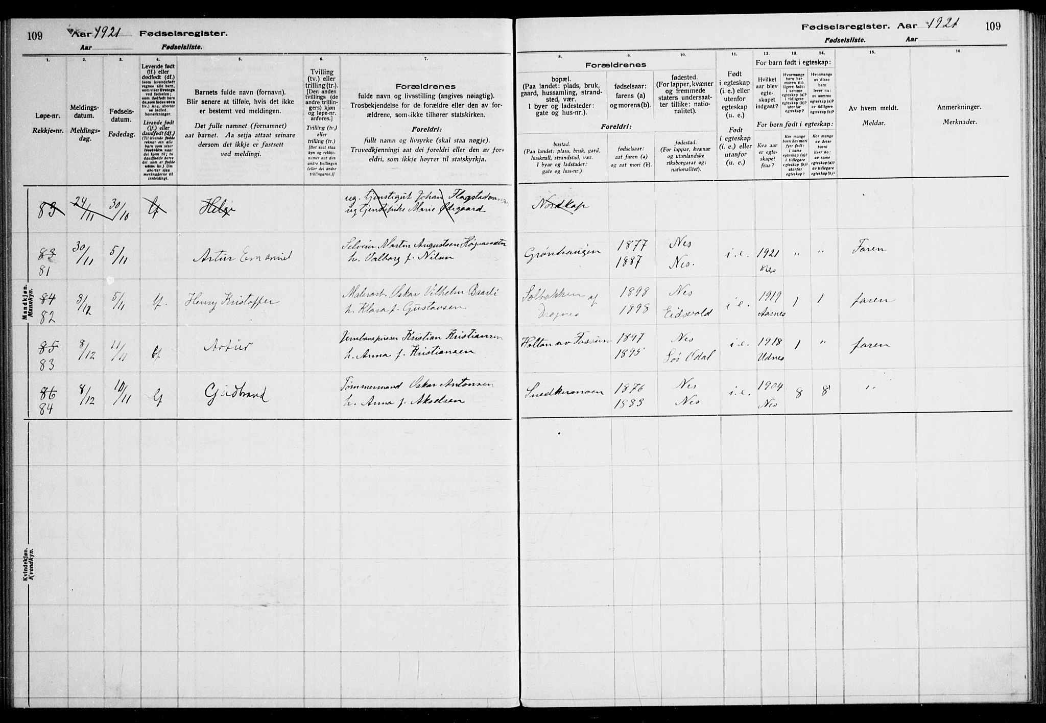 Nes prestekontor Kirkebøker, AV/SAO-A-10410/J/Ja/L0001: Fødselsregister nr. 1, 1916-1926, s. 109